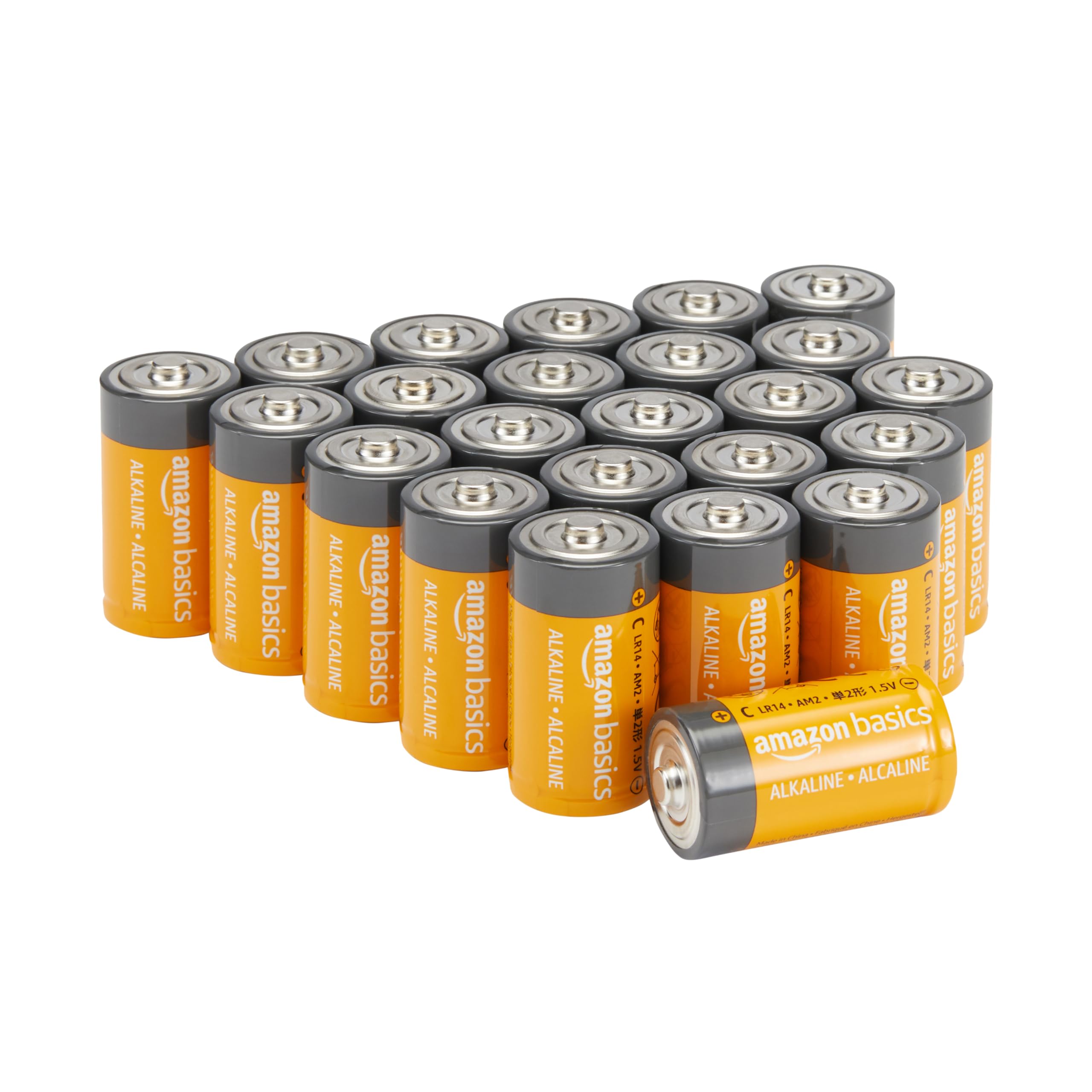 Paquete de 24 baterías C alcalinas de 1.5V de Amazon Basics con 5 años de vida útil.