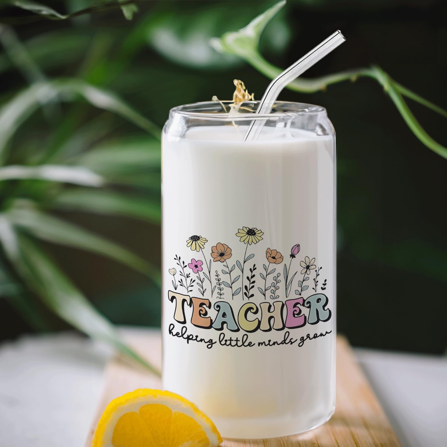 Floral Teacher Glass Cup Lids and Straws 14oz, Kindergarten Teacher Gifts for Women, Teachers Appreciation Gifts Glass Iced Coffee Tumbler Drinking Jars with Cleaning Brush - Image 2