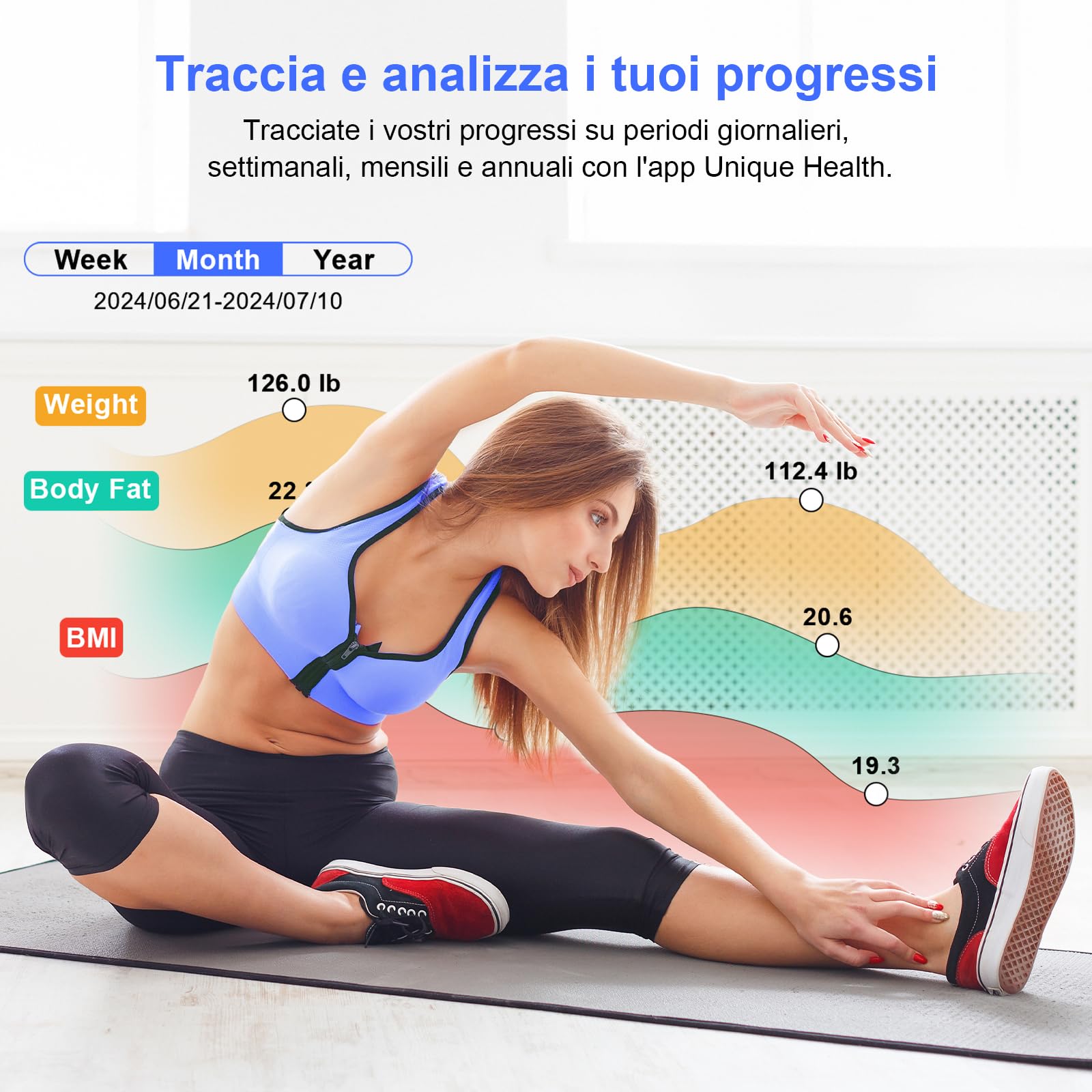 Salute Persona Impedenzimetro, Bilancia connessa WIFI & Bluetooth con 8 elettrodi ad alta precisione 46 dati aziendali per App Incluse Andriod e iOS, Capacità 180kg/400lb, 30x30cm