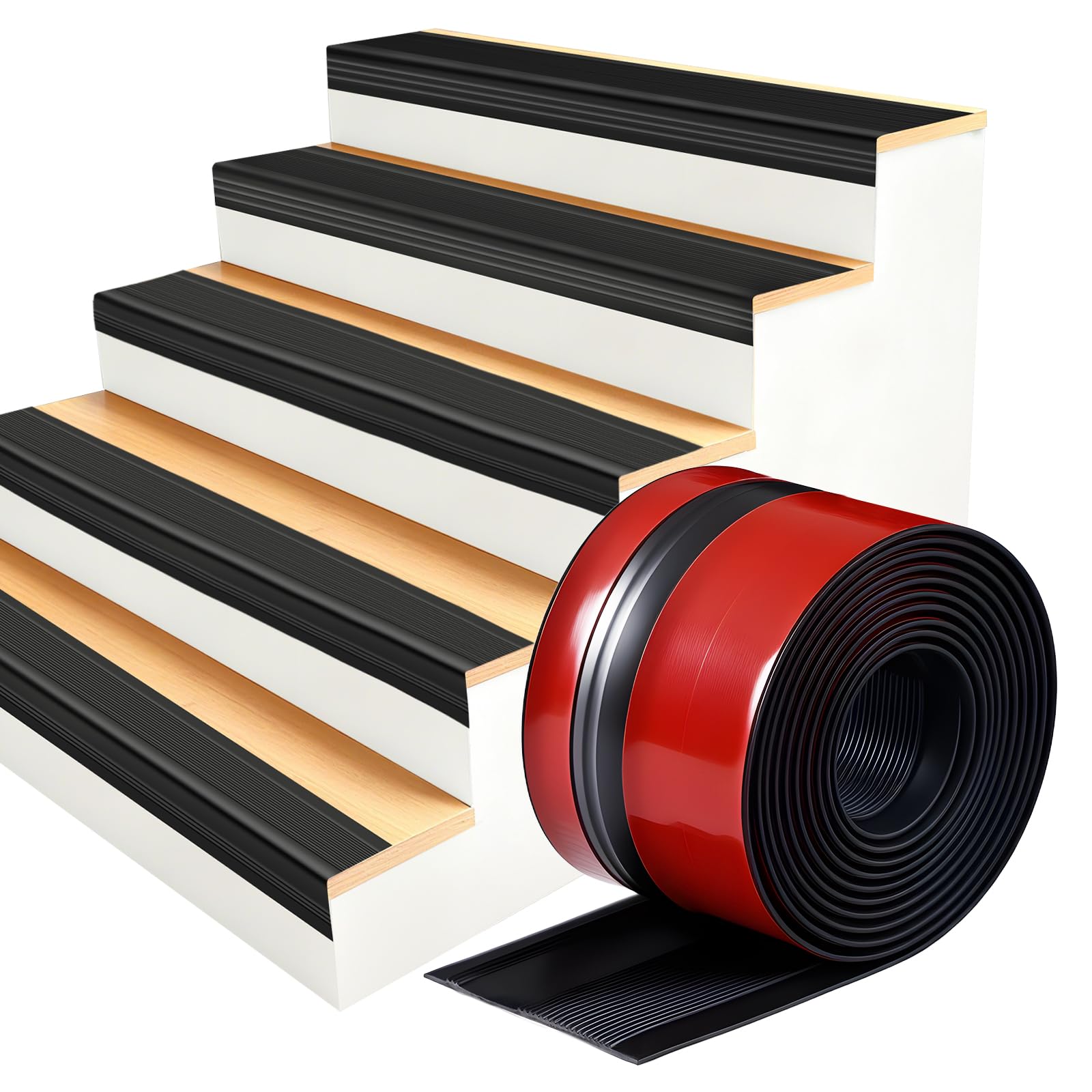Protector de borde de escalera, 12 pies, autoadhesivo, negro, moldura de goma antideslizante para escalones de interior y exterior, protector impermeable en forma de L