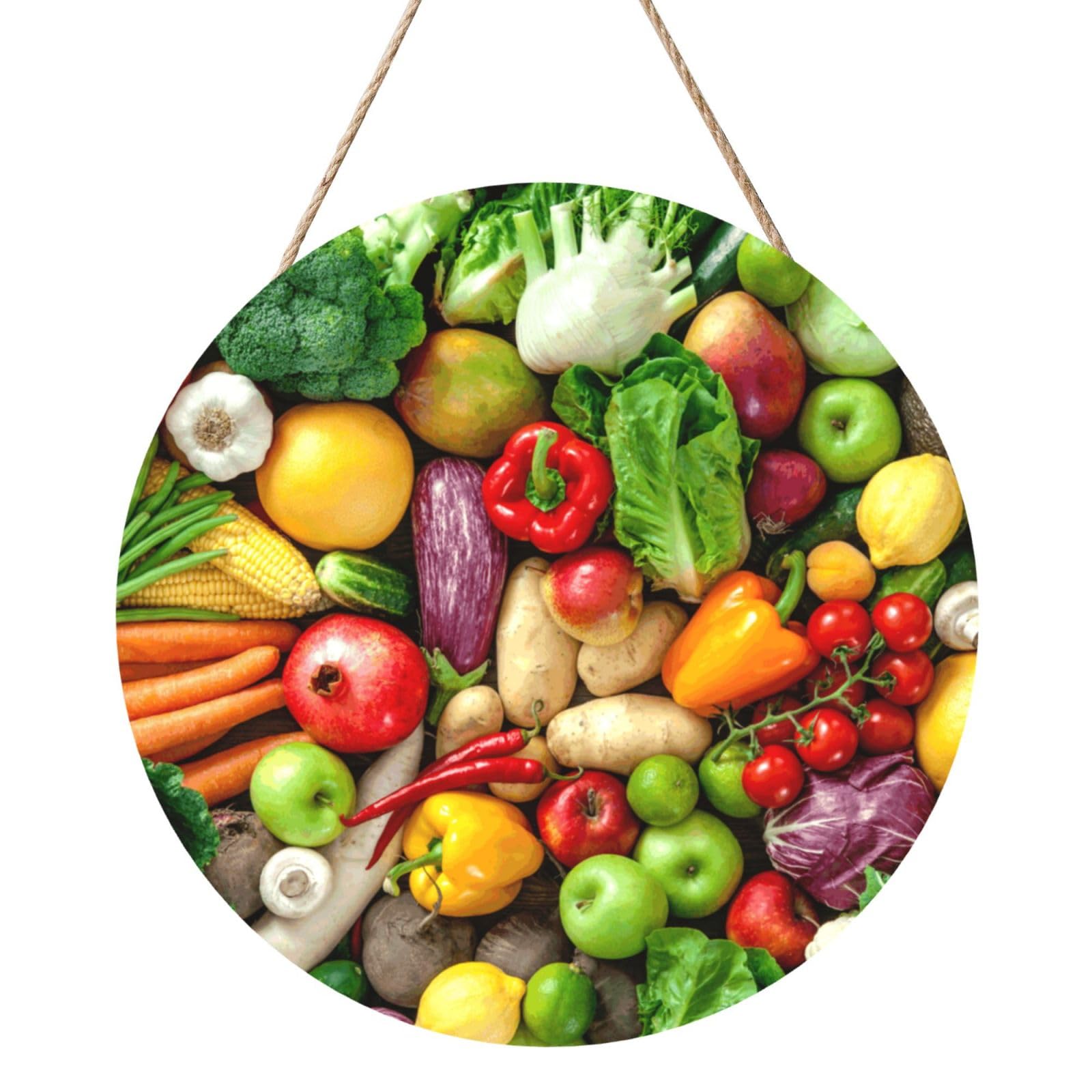 InOmak Fresh Fruits And Vegetables Printed, Round Wood Panel Painting 12 in, Wall Hanging Painting For Home