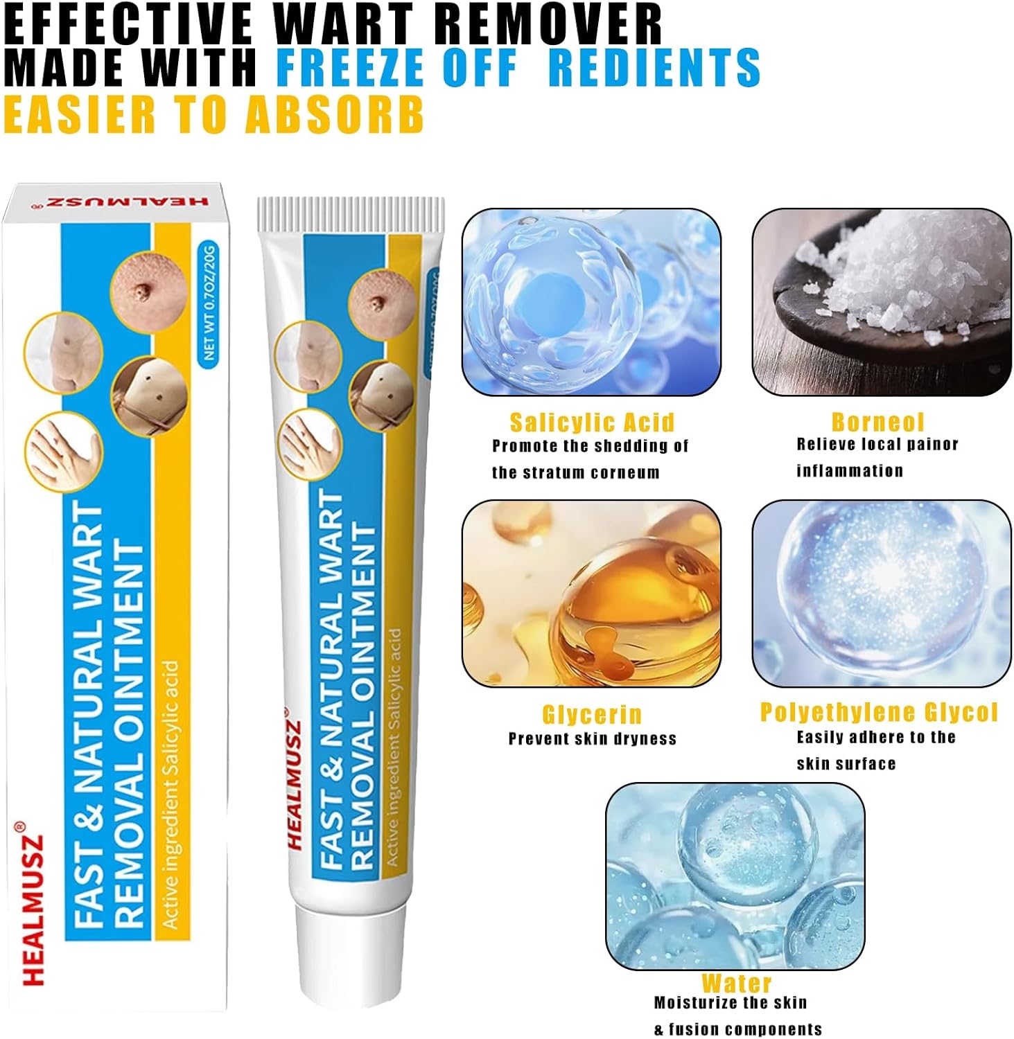 HEALMUSZ Wart Remover Cream, Fast Acting Gel Wart Remover Freeze Off Ointment for Warts, Plantar Warts, Common Warts, Flat Warts, Corns, Calluses- All Skin Type - Image 2