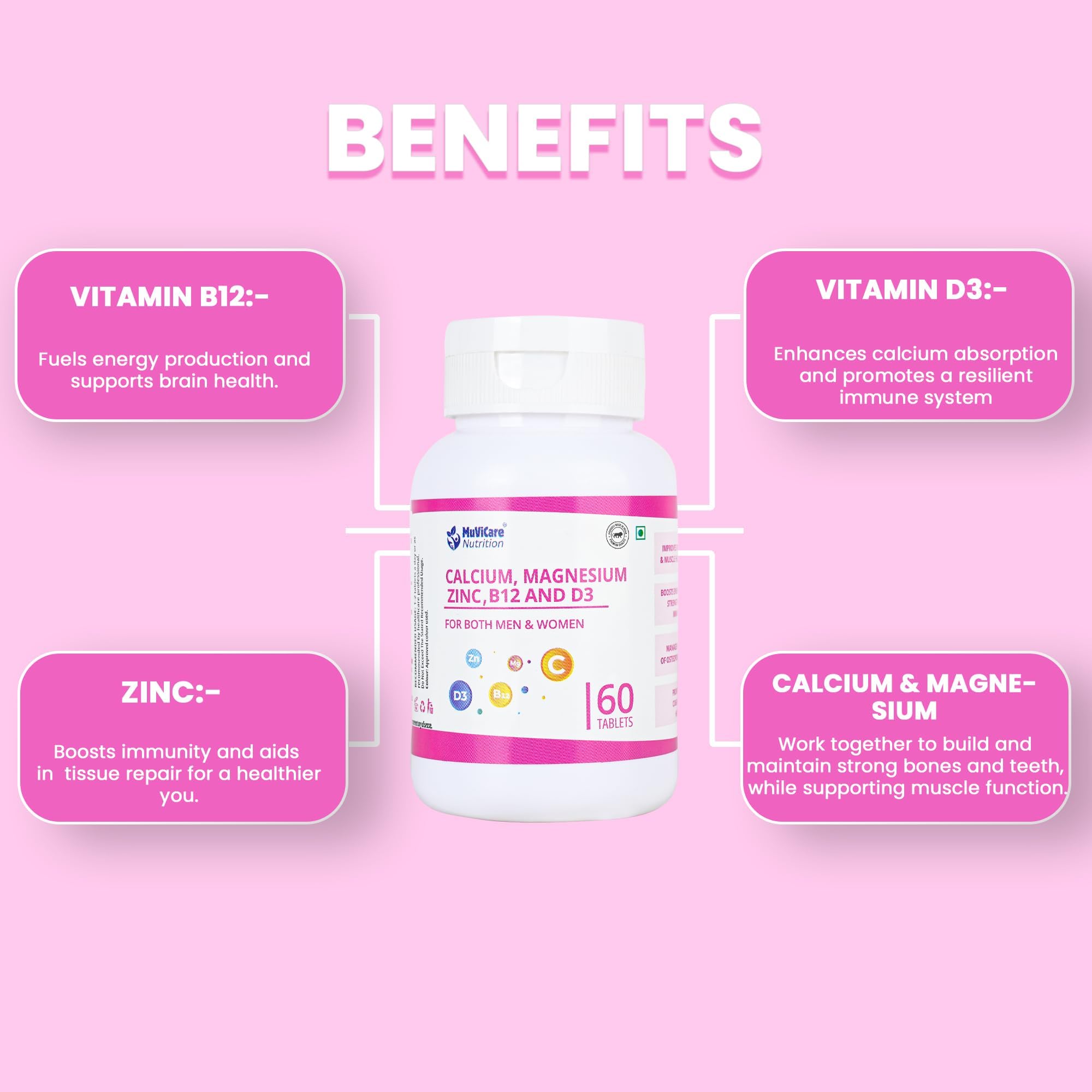 MuviCare Calcium and Vitamin D3 & B12 Tablets With Magnesium and Zinc (120 Tablets) | Bone Strength, Muscle Function & Immune Support | Daily Dietary Supplement for Men & Women 1