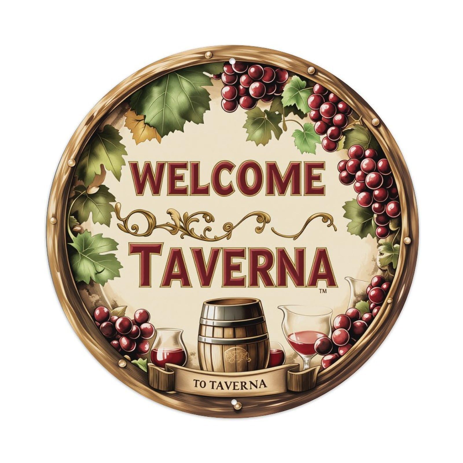 Welcome Taverna Grape Vine Barrel Round Tin Sign Retro Metal Sign for Cafe Bar Pub Home Game Room Gym Club Wall Decoration Vintage Metal Poster 8x8 Inch