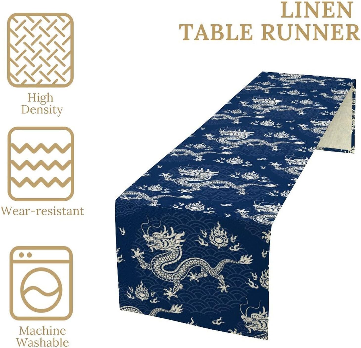 Asian Blue Dragon Table Runner Japanese Sea Wave Decor for Indoor Outdoor Party Dinner Festival Farmhouse Holiday Dining Room Home Kitchen Restaurant Cafe,13X108in