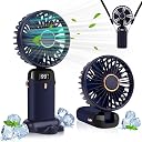 LYMYBETY Portable Handheld Fan, 4000mAh Mini USB Rechargeable Fan with Digital Display, Small Personal Pocket Fan with 5 Speeds, Foldable Desk Fan with Lanyard and Base for Home Travel Outdoor (Blue) gallery image