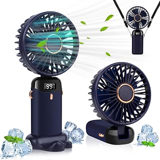 LYMYBETY Portable Handheld Fan, 4000mAh Mini USB Rechargeable Fan with Digital Display, Small Personal Pocket Fan with 5 Speeds, Foldable Desk Fan with Lanyard and Base for Home Travel Outdoor (Blue)