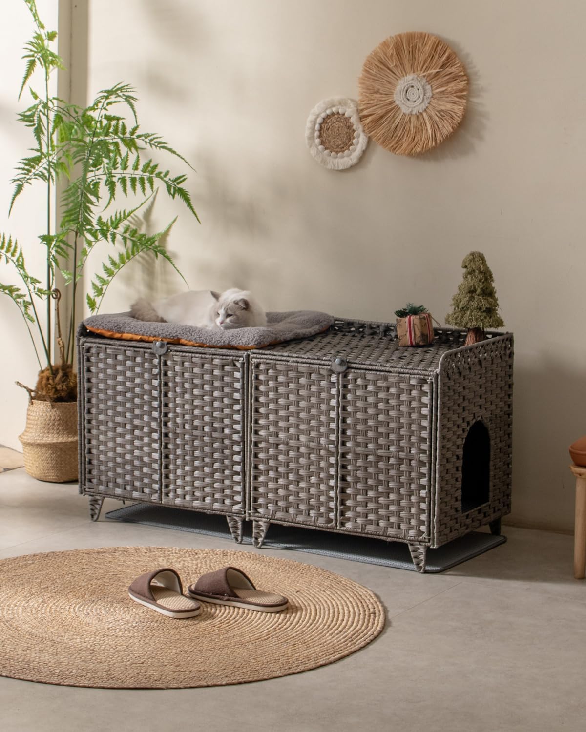 SETVSON Cat Litter Box Enclosure for 2 Cats, Double Litter Box Furniture with Litter Mat, Large Rattan Hidden Kitty Cat House with Double Room and Doors, 2 S-Shaped Hooks, 2 Inch Fence Gray