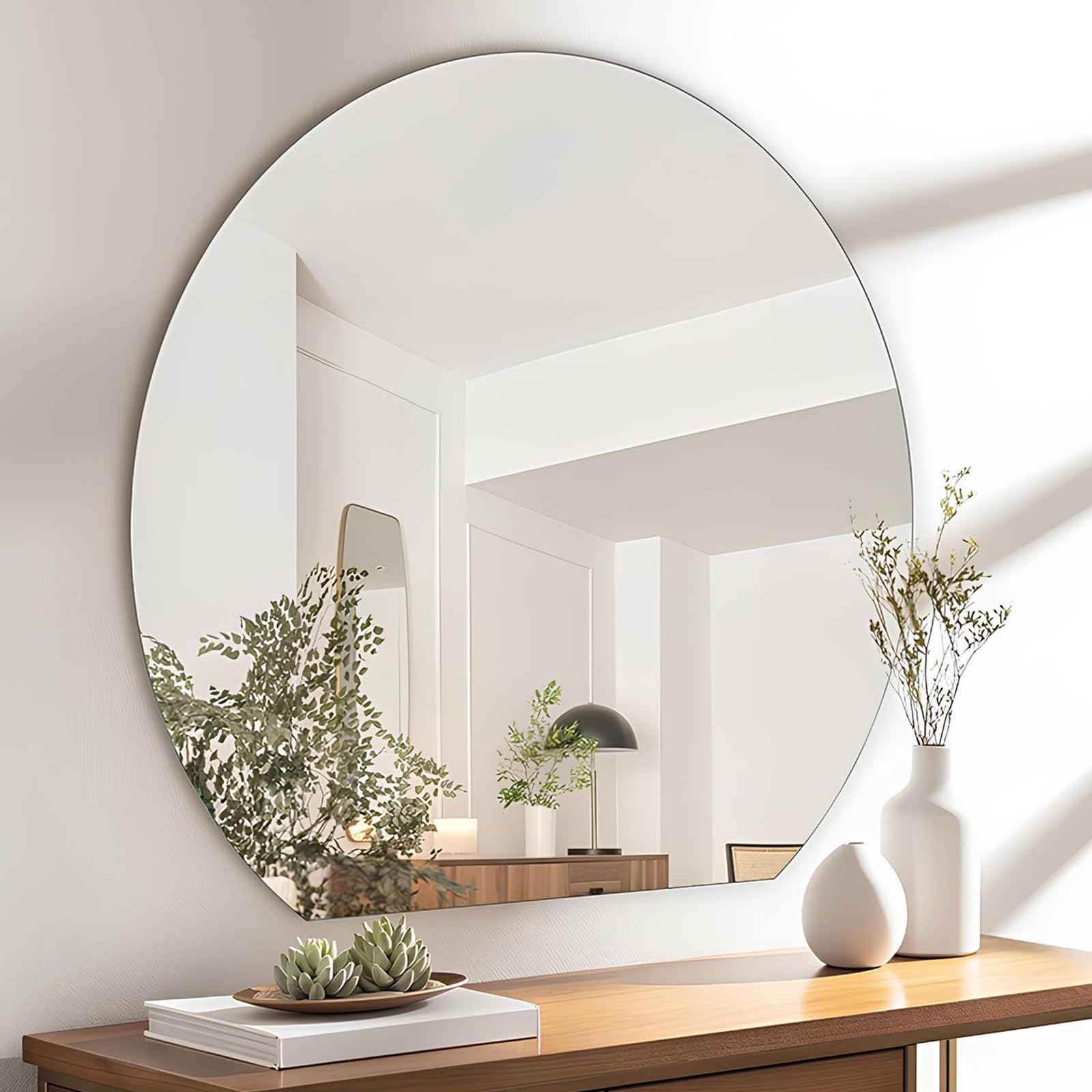 Xuqqu Silver Half Moon Bathroom Mirror, Modern Frameless Wall Mirror, Minimalist Explosion Proof Semi Circle Vanity Mirrors For Living Room Bedroom Entryway, Hanging Decorative(63 * 70Cm/24.8 * 27.5In)