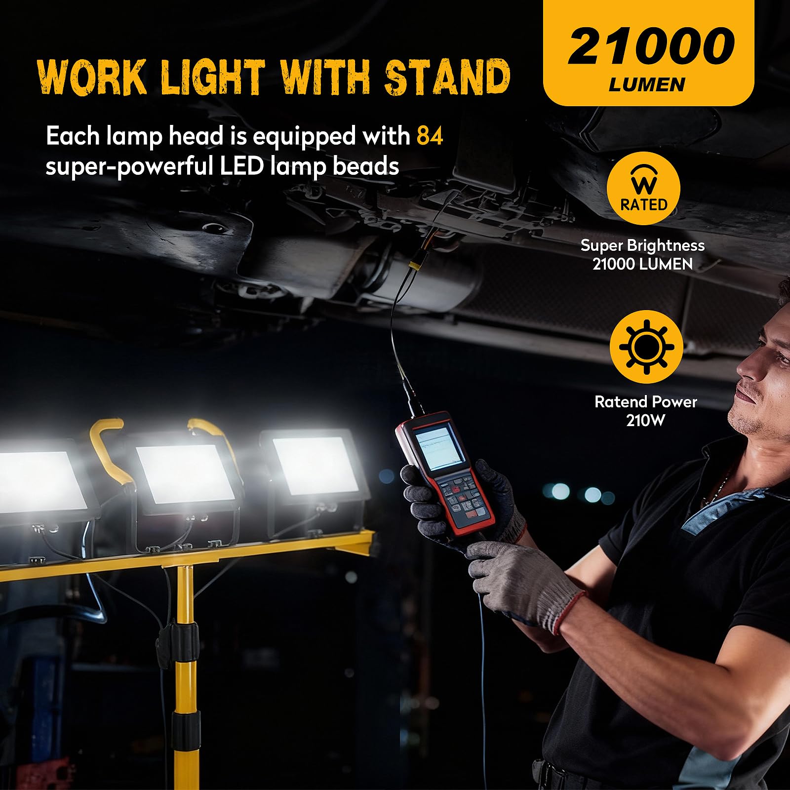 21000Lumen LED Work Lights with Stand 3 Head Portable Work Light with 16ft Cord Ip66 Waterproof Tripod Outdoor — view 5