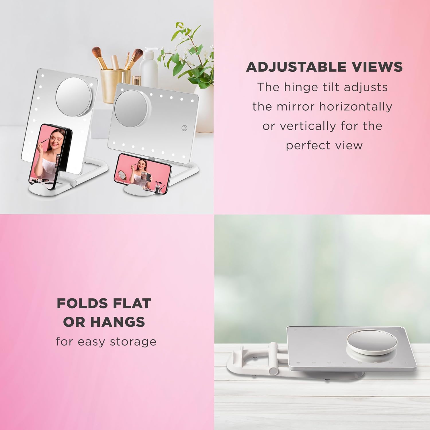 Conair Lighted Makeup Mirror, LED Vanity Mirror, 1X/10X Magnifying Mirror with Phone Holder, Battery Operated in Glossy White