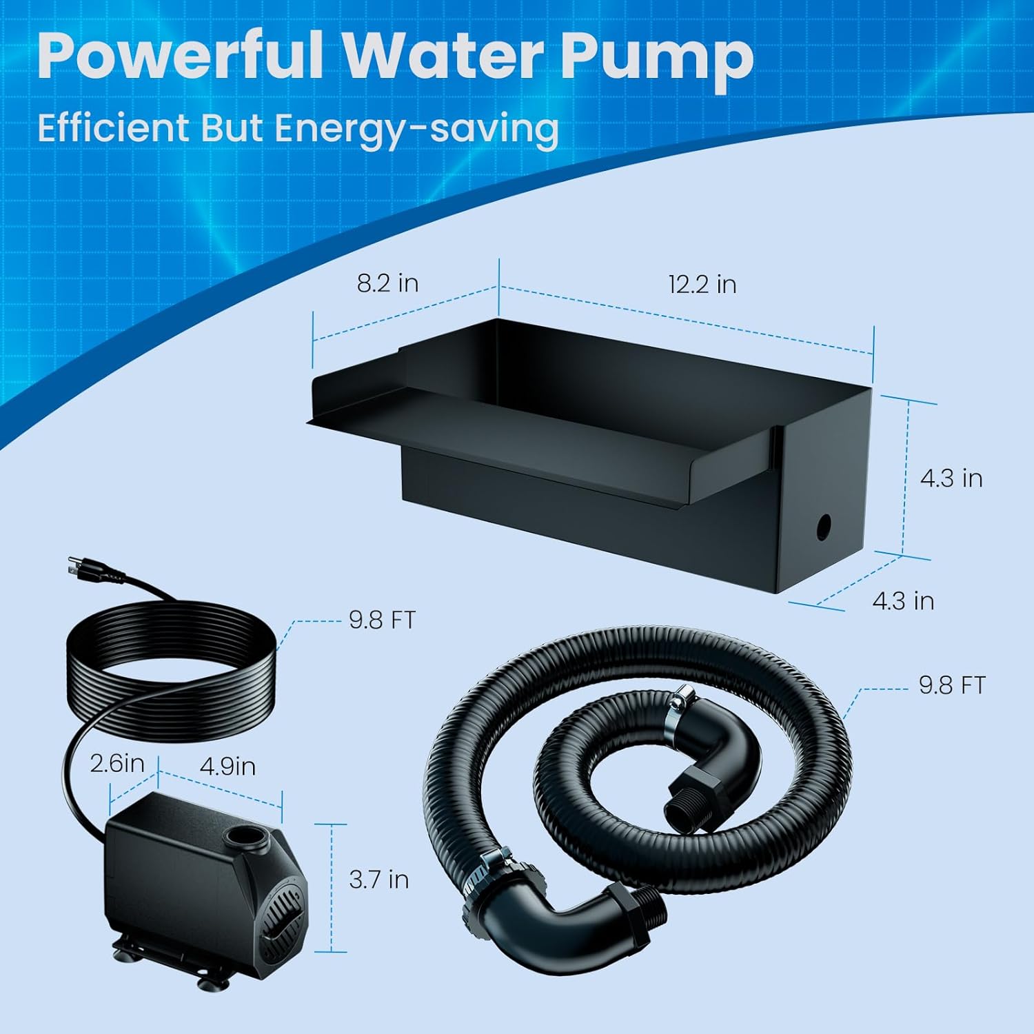 Biling 12 Inch Waterfall Spillway Kit, 304 Stainless Steel Waterfall Box, 40W 660GPH Submersible Pump, 9.8FT Corrugated Tubing, Adjustable Flow for Wide Sheet Waterfall, Stream & Rock Wall
