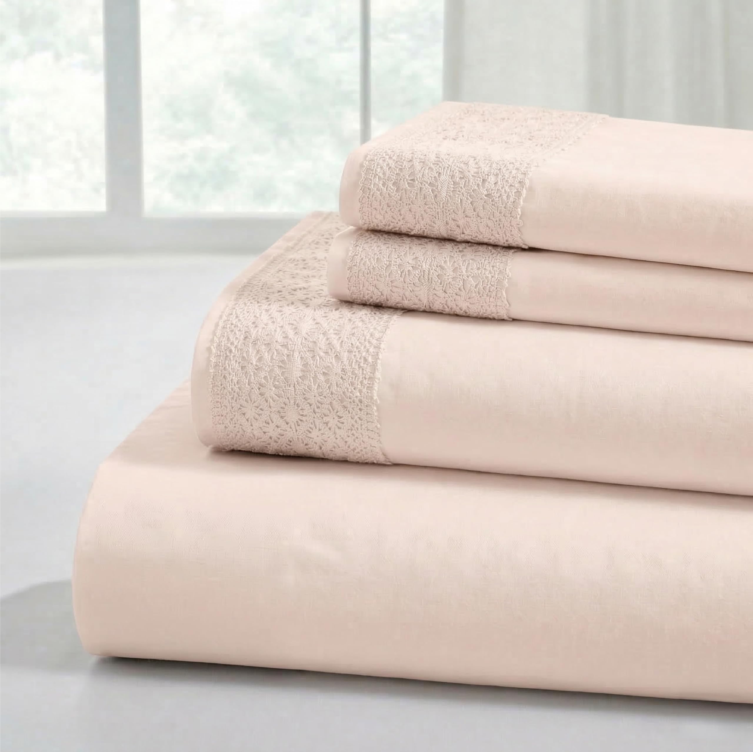 Modern Threads Pacific Coast Textiles 4 PIECE CROCHET LACE MICROFIBER SHEET SET BLUSH FULL, Microfibre