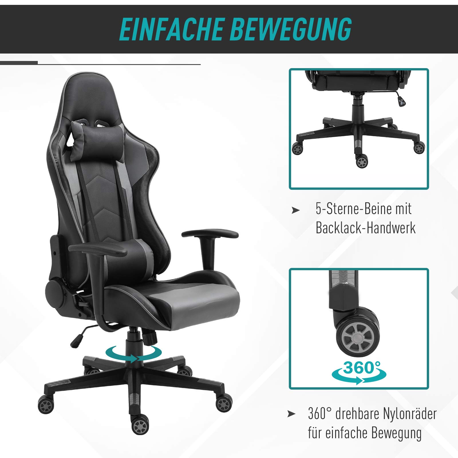 Vinsetto Ergonomiczne krzesło biurowe, fotel gamingowy, krzesło obrotowe, sztuczna skóra, pianka, MDF, czarne, 67,5 x 56 x 126–136 cm