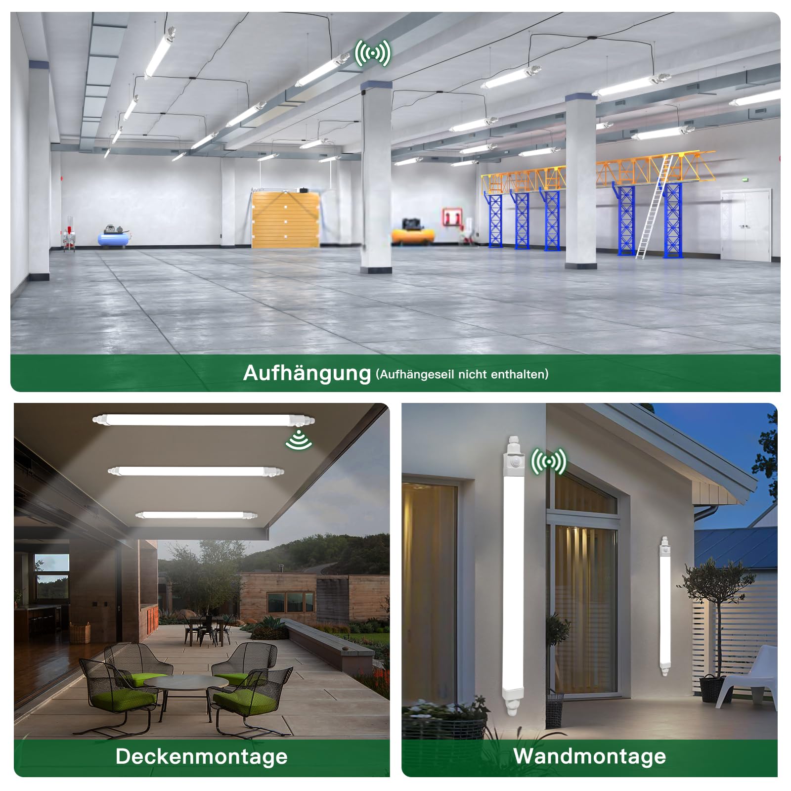 3 Stück Feuchtraumleuchte LED mit Bewegungsmelder, 120cm 36W 3600LM 4000K Neutralweiß Garagenlampe, IP65 Kellerlampe, Verknüpfbar Feuchtraumlampe für Büro Flur Treppe Garage
