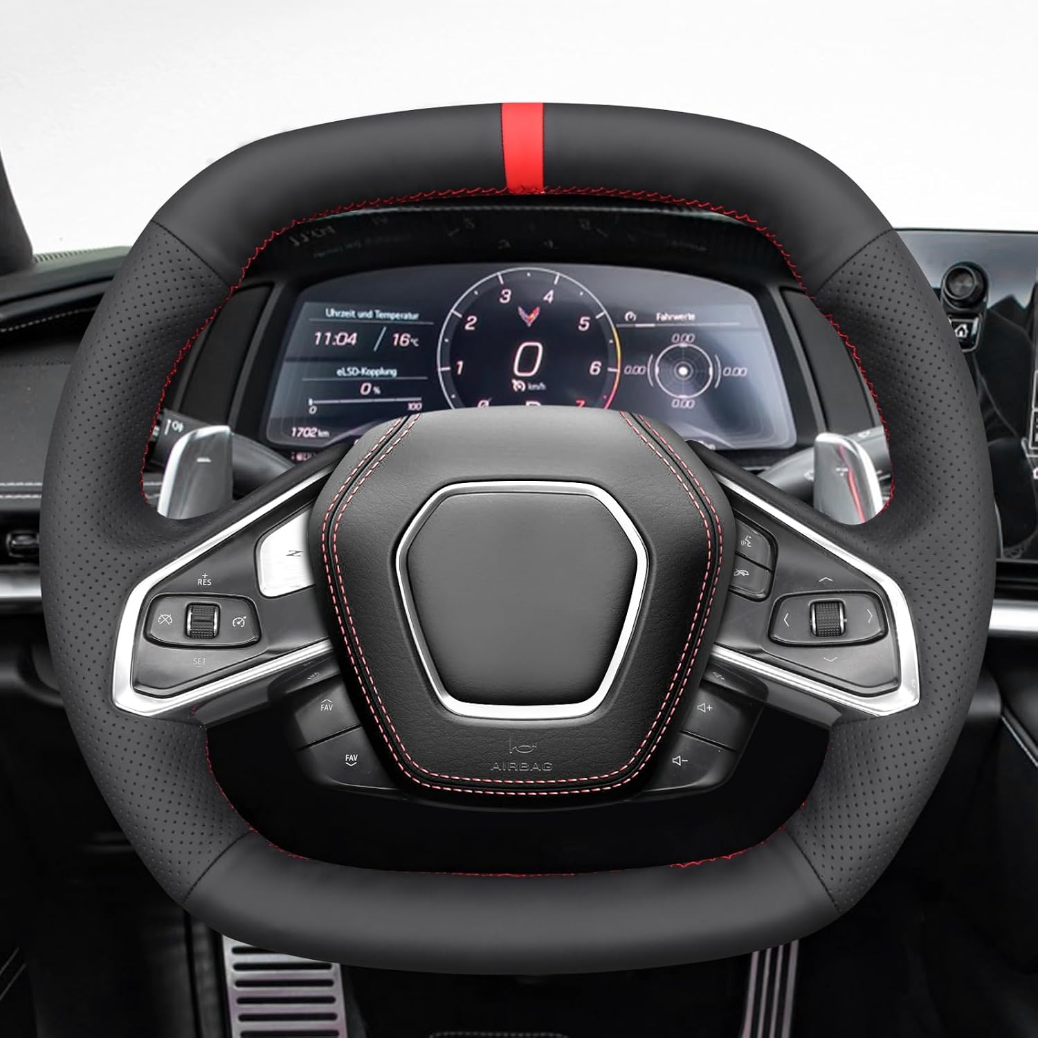 MEWANT Steering Wheel Cover Compatible with Chevy Corvette C8 2020-2025 Accessories Genuine Leather & Suede Hand-Stitched Steering Wheel Wrap