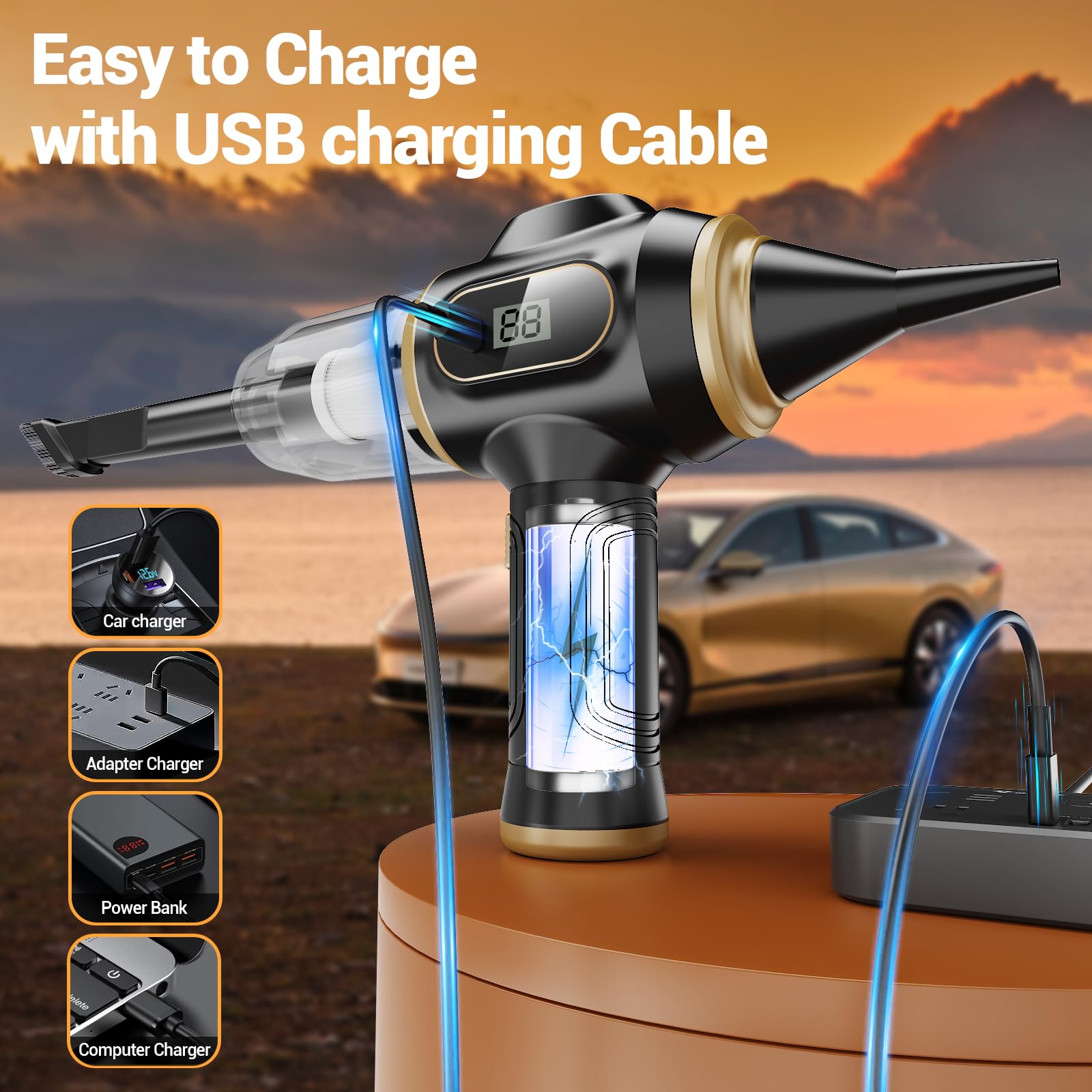 Scstartx Portable Car Vacuum Cordless Mini Handheld Vacuums Cleaner Rechargeable with LCD Display and Multi-Nozzles High Power Hand — view 6