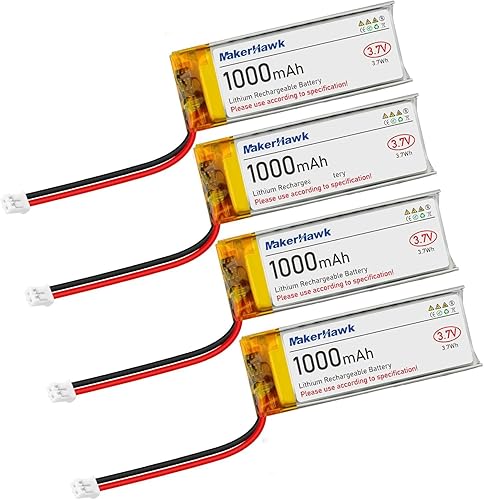 Vista 7 de MakerHawk Paquete de 4 baterías LiPo de 3.7 V 1000 mAh recargables 1S 102050 baterías de polímero de litio con placa de protección dual, conector