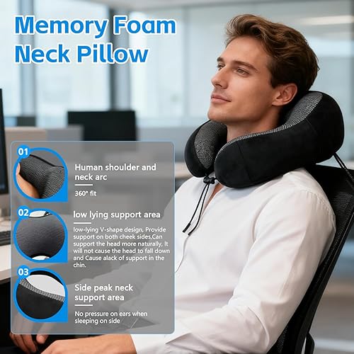 Miniatura 2 de Almohada cervical de viaje con espuma viscoelástica, soporte ergonómico, hebilla ajustable, incluye máscara de ojos y tapones para los oídos, funda