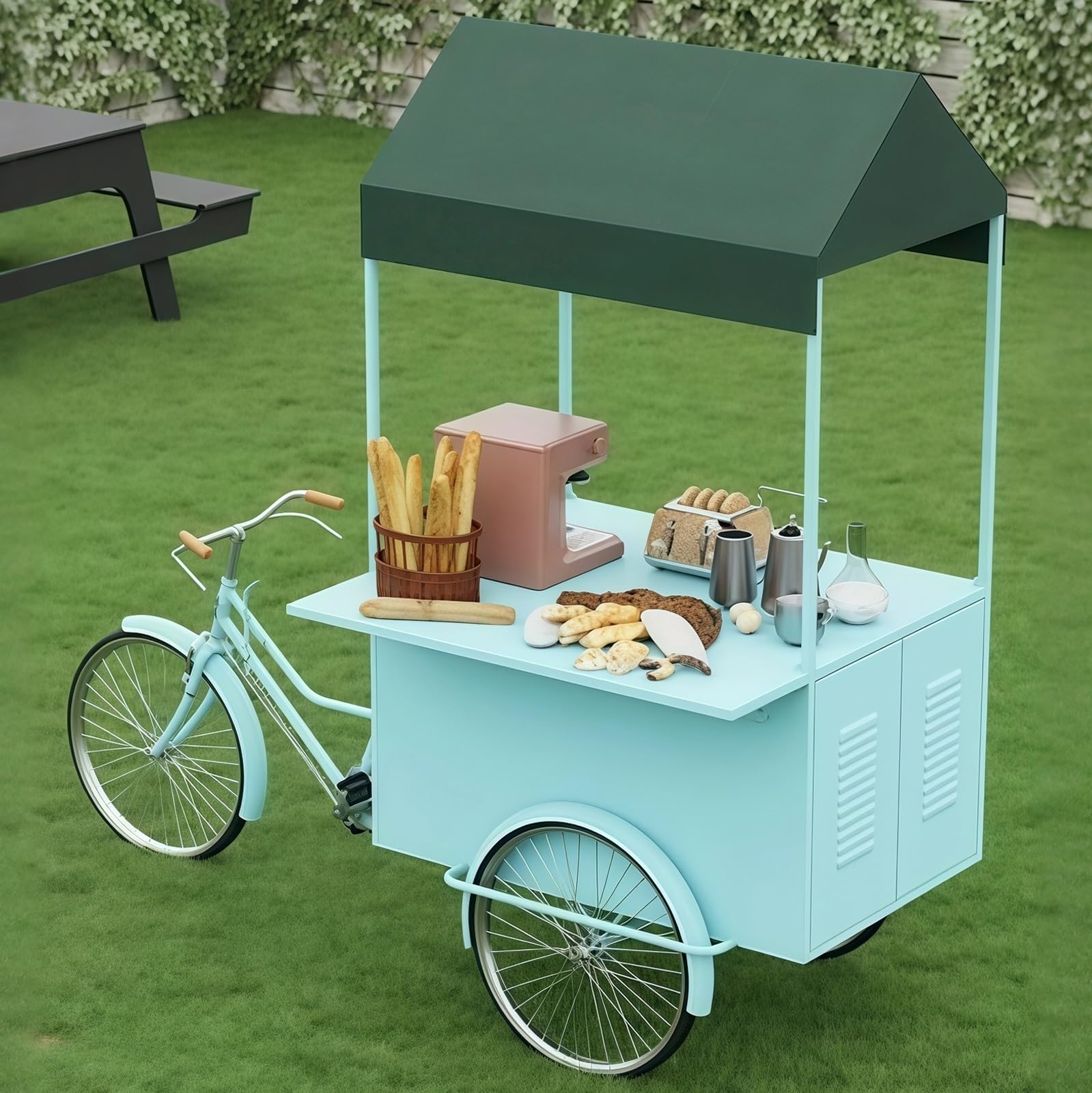 Mobile vending tricycle, Mobile Metal Cart Canopy Snacks Beverages Coffee Candy Multicolor(Light Blue)