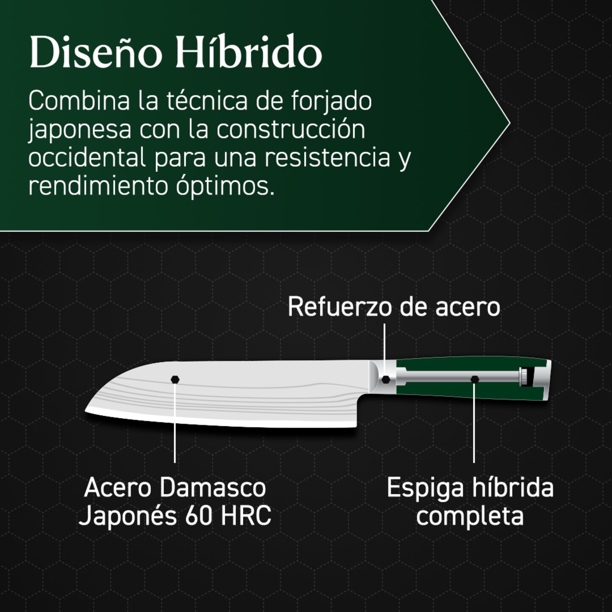 HexClad Cuchillo Santoku de 18 cm, Hoja de Acero Inoxidable de Damasco Japonés, Mango de Madera de Pakka