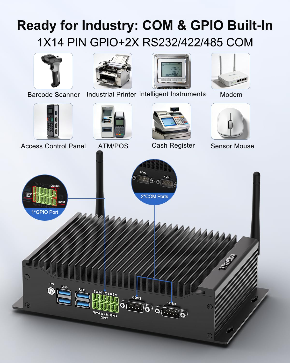 Mini PC Industriel i7-10510U, Pc sans Ventilateur 8GB RAM 512GB SSD, 2X RS232/485 COM, GPIO, Triple Affichage 4K (2X HD + DP), WiFi 6/BT5.2, Double LAN, Win 11/Linux, Auto Power on