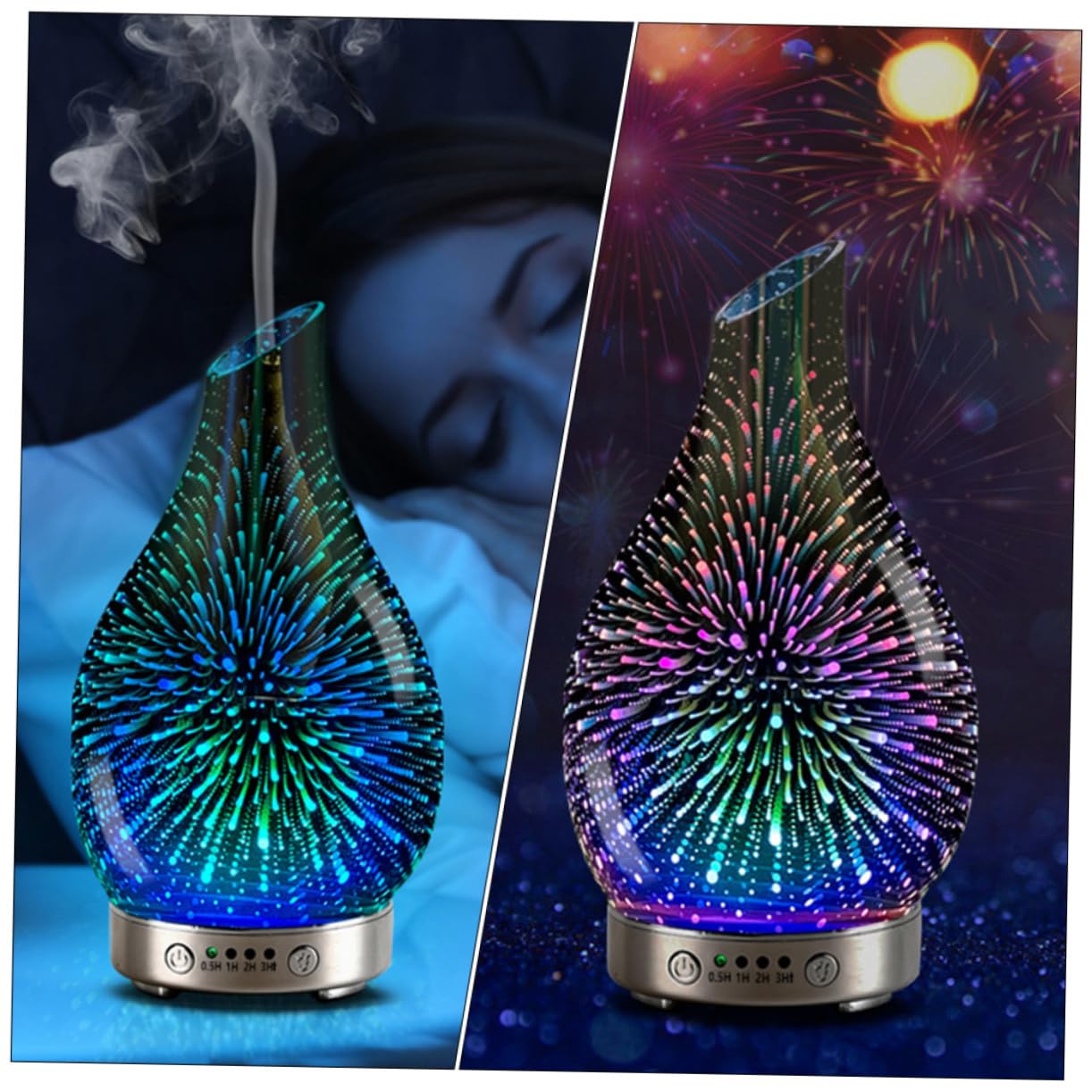 Difusor Humidificador de Vidrio 3D Púrpura Luz Cambiante | Capacidad Inferior a 1 L, Tecnología de Reducción de Ruido, Atomización Suave para Spa y Oficinas