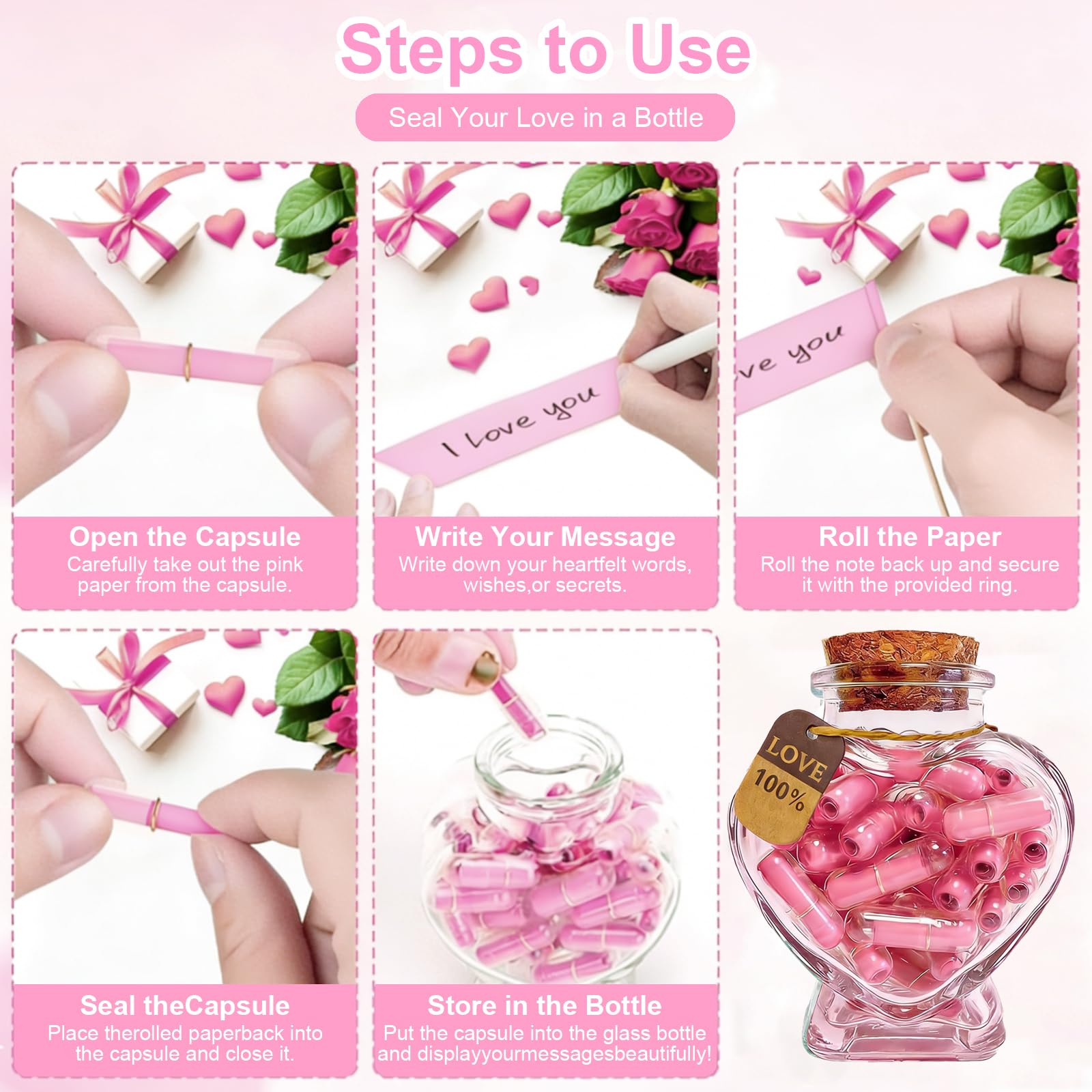 Lot de 50 lettres de capsule d'amour dans un bocal en verre en forme de cœur, rose à faire soi-même, message personnalisé dans une bouteille, cadeau pour lui/elle, souvenir romantique pour petit ami