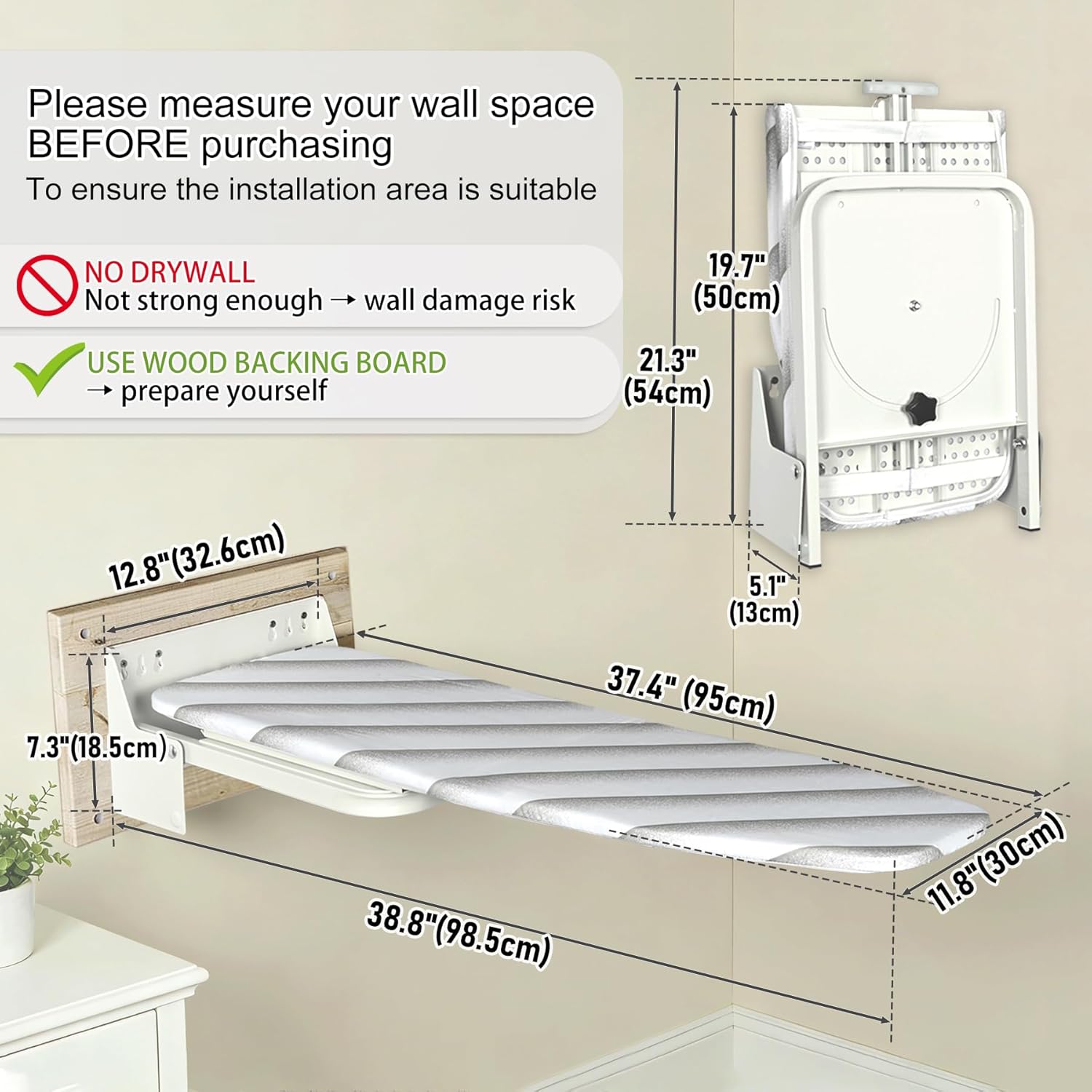 uyoyous Wall Mounted Ironing Board 37.4x11.8 inch Compact Folding Iron Board Wall Mount Space-Saving 180° Swivel Ironing Boards with Heat Resistant Cover for Home Laundry Room, Small Spaces