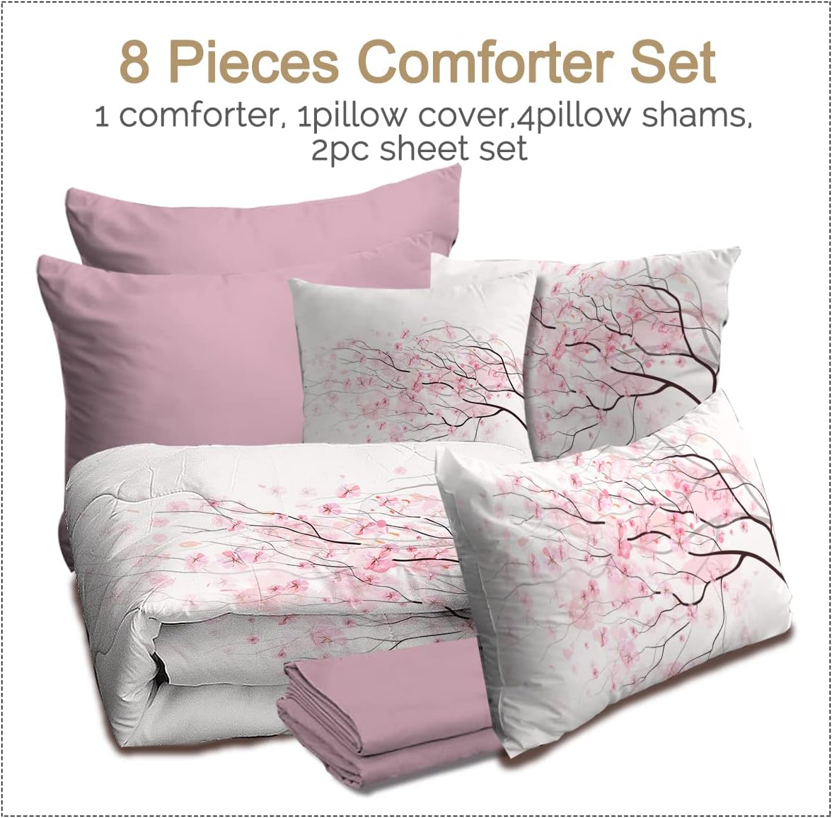 BlessLiving Spring Floral Comforter Set, 8 Pieces Bed in a Bag, Pink Sakura Cherry Flower Bedding Sets, Lightweight Comforter Set for Full Bed (Comforter, Sheets, Pillowcases, Shams & Cushion Cover)