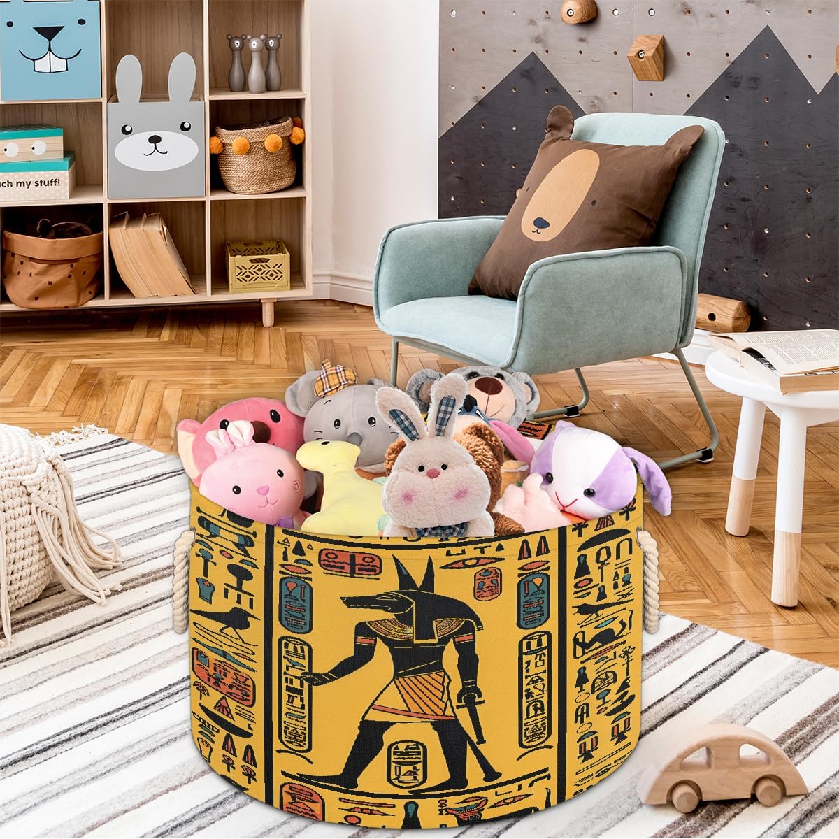 Egyptian Hieroglyphs Pattern Round Storage Basket for Laundry & Toys, Lightweight Fabric Laundry Hamper with Handles, Foldable Large Organizer Bin for Bedroom Bathroom Nursery Dorm