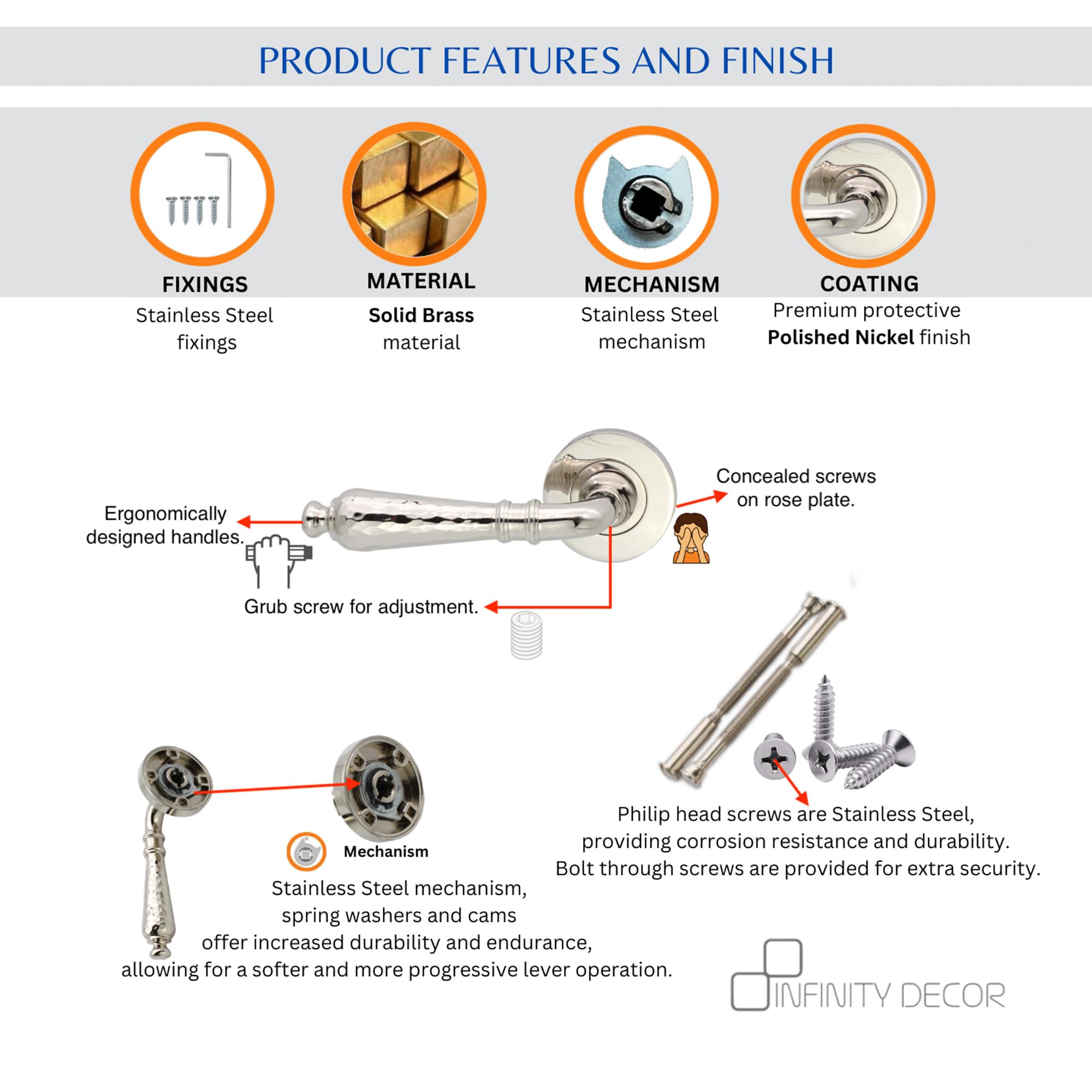 Infinity Decor Hammered Brass Lever on Rose Latch Door Handles Polished Nickel - for Interior & Exterior Use - Image 3