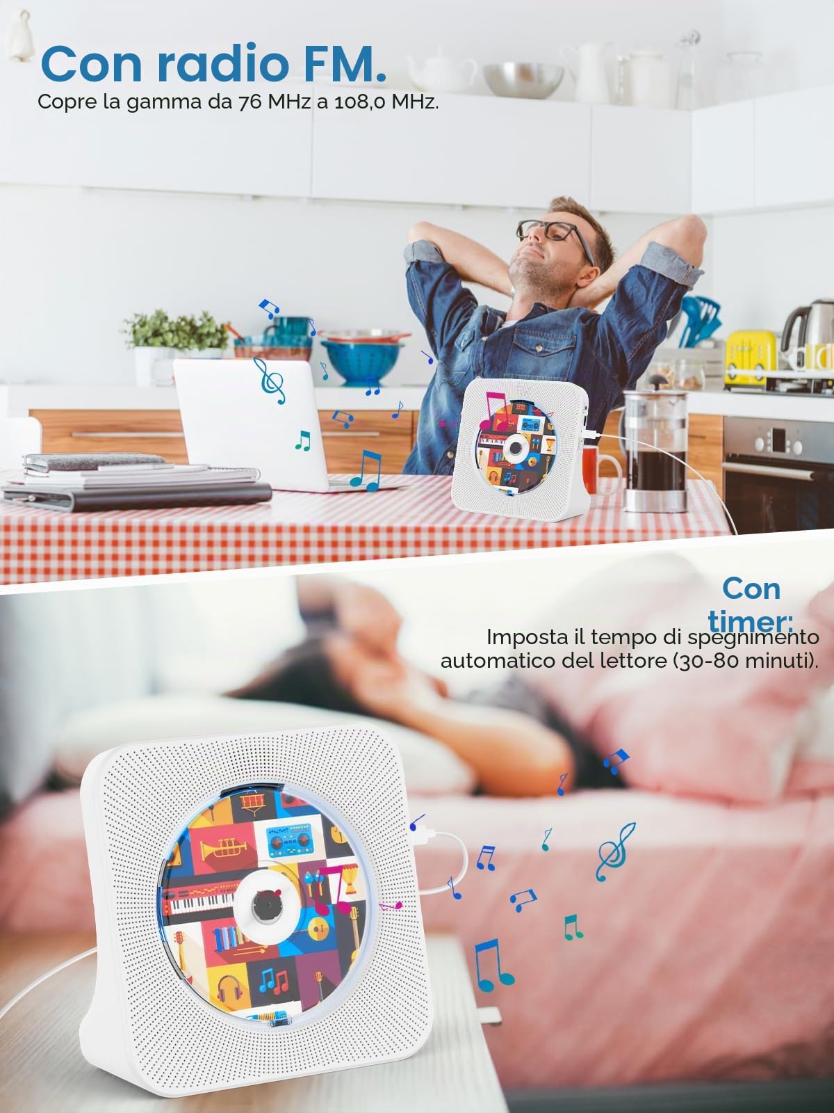 Gueray Lettore CD Bluetooth da tavolo con Altoparlante e Radio Bianco | Lettori CD audio con Copertura Antipolvere, Telecomando Riproduzione USB e AUX