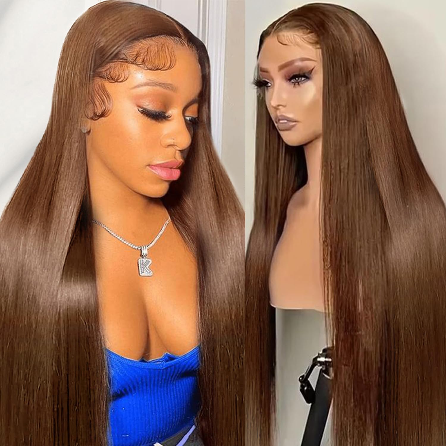 24 Inch Chocolate Brown 13x6 Lace Front Wig Human Hair 180 Density Pre Plucked 13x6 HD Transparent Straight Lace Frontal Wig #4 Colored Wigs for Women