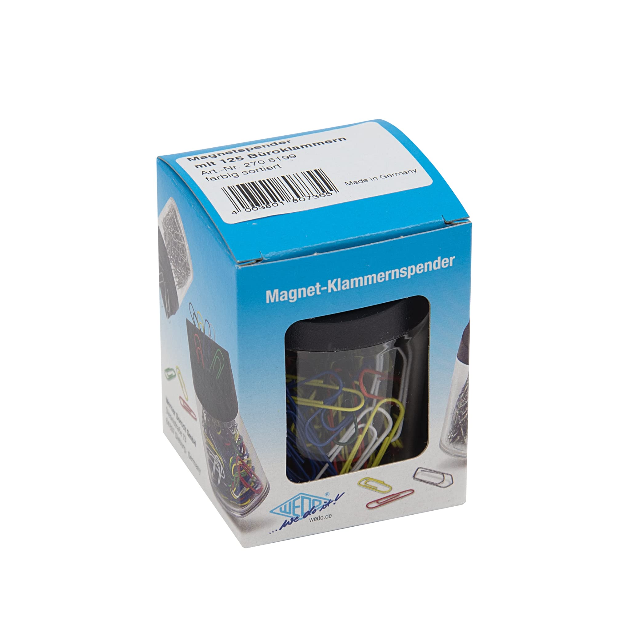 Porte-trombones Aimanté Wedo Avec 125 Trombones Colorés - Boîte Transparente Pratique