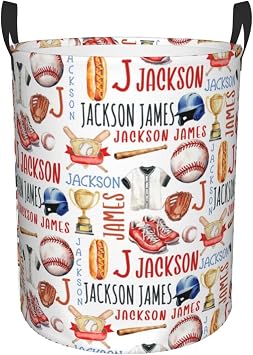 Personalized Baseball Laundry Basket, Custom Sports Laundry Hamper With Name Gifts For Kids Adults Boys Girls, Collapsible Dirty Clothes Storage Organizer With Handles M 19.6 X 15.7in
