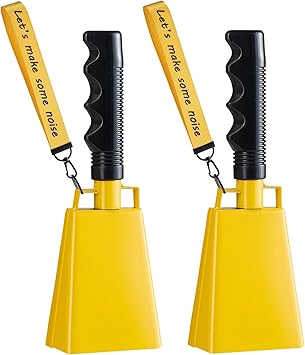 Cow Bells with Wrist Strap - Cowbell with Handle 2pcs, Customizable Cowbells for Sporting Events, for Football Games,Chimes, Percussion, Musical Instruments, Call Bell, Farm Ranch yellow