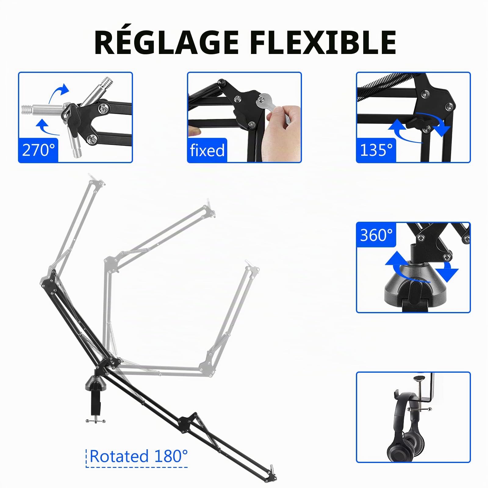 Geekria Bras de micro pour créateurs compatible avec Shure MV7+, MV88+, SM7B, MV7, MV7X, SM57, adaptateur de bras perche, support de suspension, fixation bureau