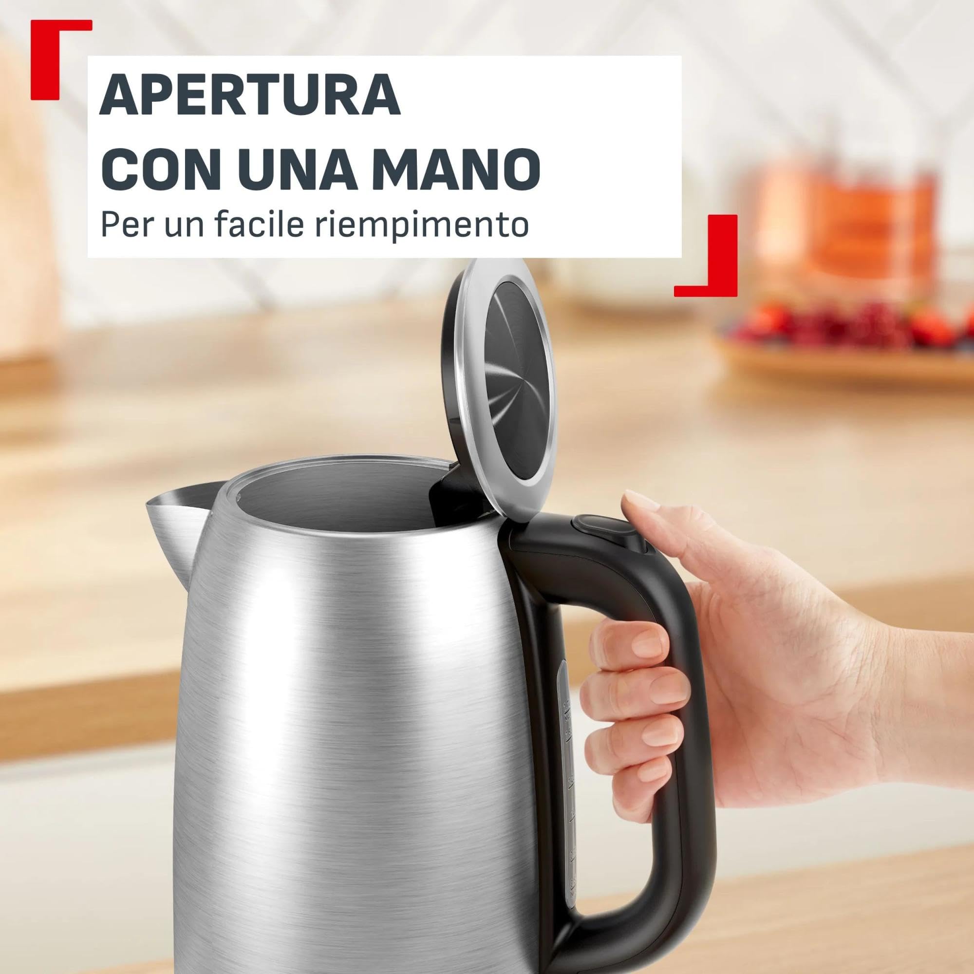 Tefal Bollitore In Acciaio Inossidabile 1.7 L, 2200 W Ebollizione Rapida, Spegnimento Automatico, Livello Acqua Ben Visibile, KI1R0DE0