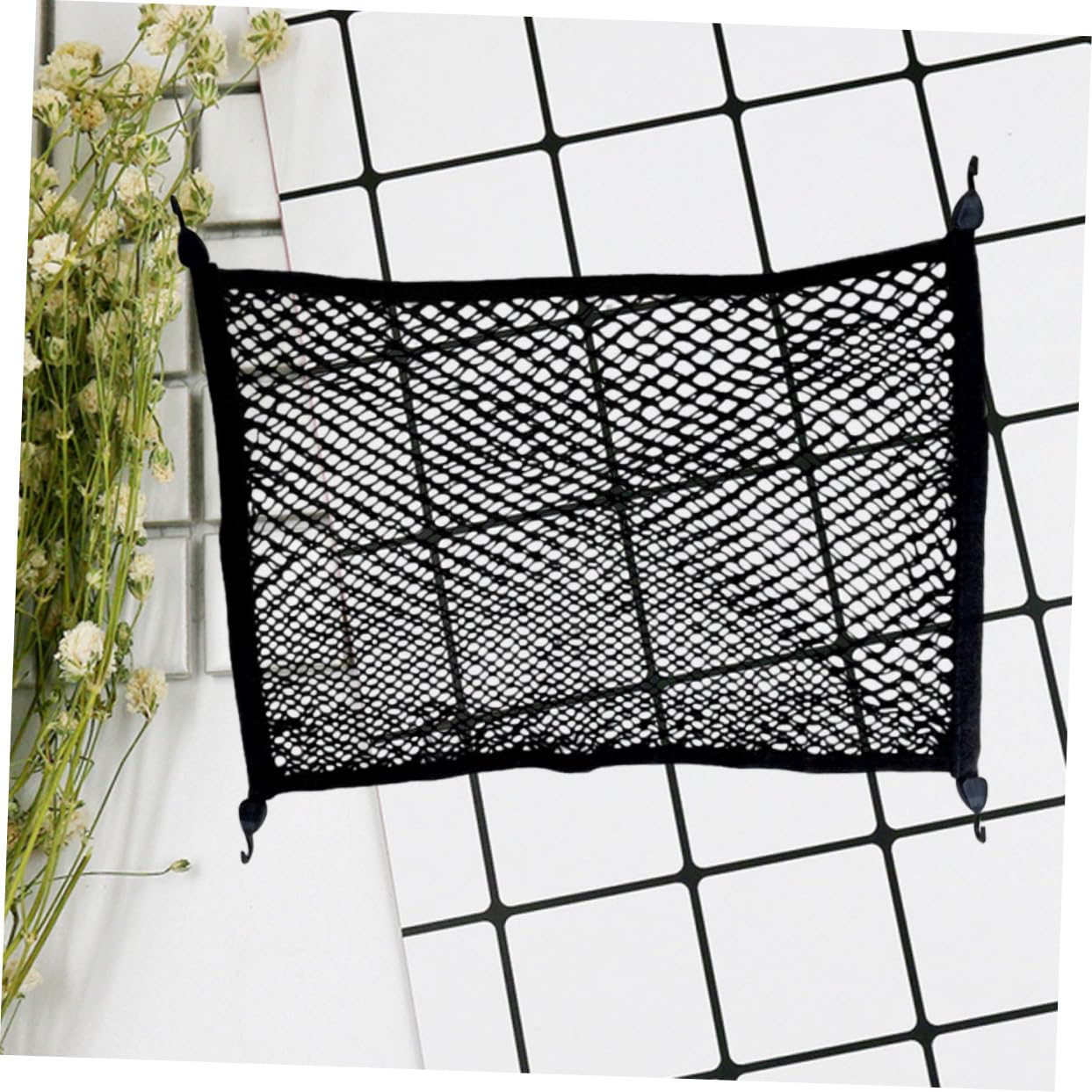 Rete Portabagagli Doppio Strato 100x80 Cm Nera per Bagagliaio Auto | Tessuto e Plastica, 4 Ganci Autobloccanti Inclusi, Formato Elastico 100x80 Cm