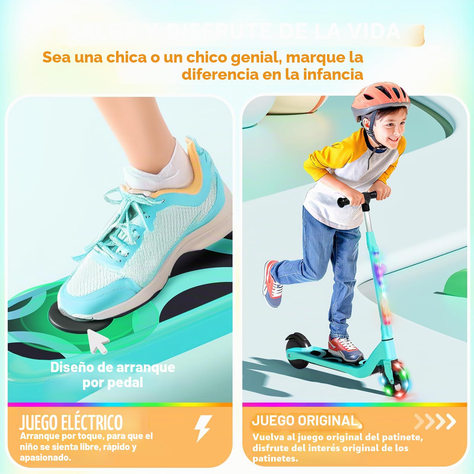 SISIGAD - Patinete eléctrico Infantil de 6 a 8 a 10 años, eléctrico para niños, 5,3 Pulgadas, con luz LED Colorida y 3 Alturas Ajustables, Scooter eléctrico para niños, Carga máxima 70 kg, Velocidad