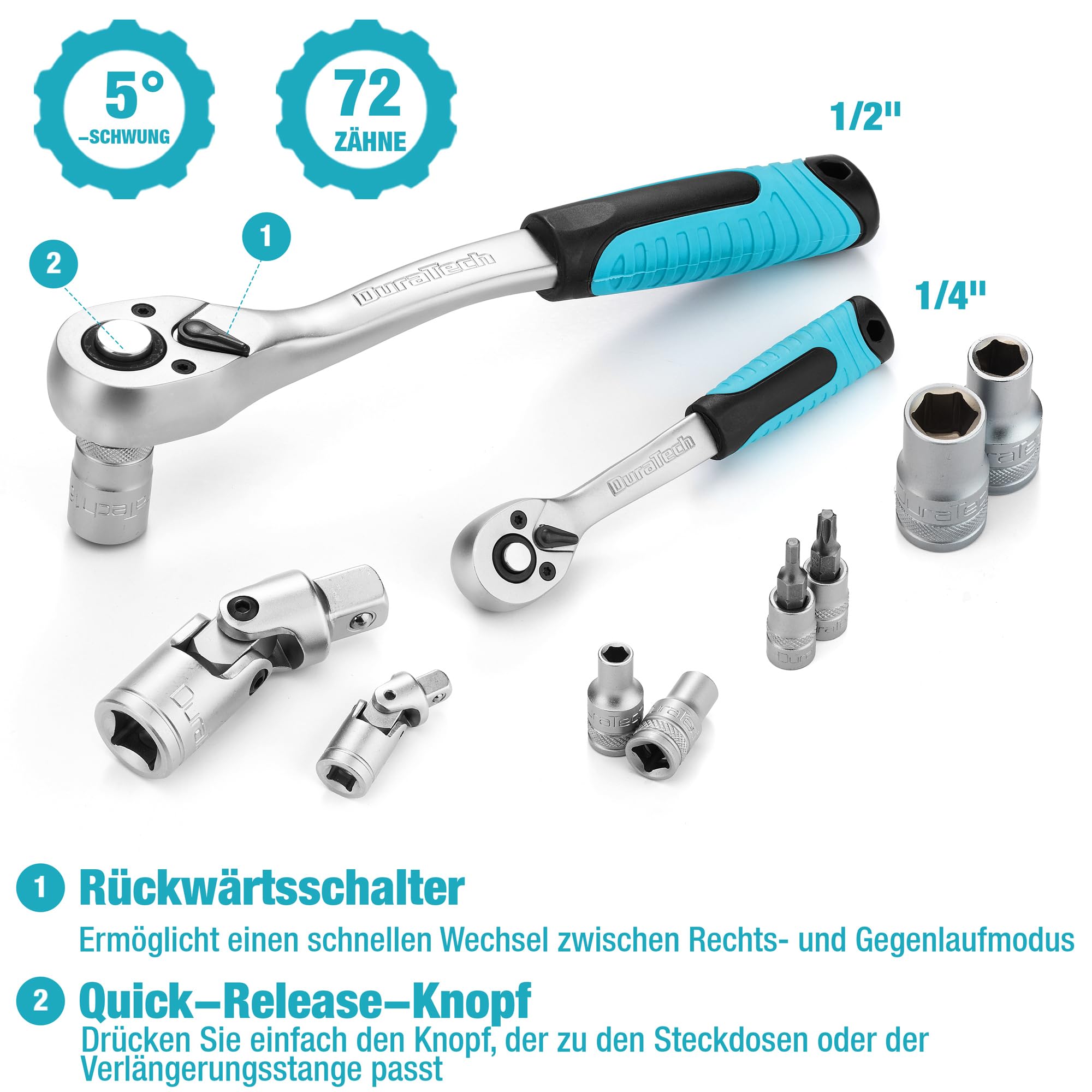 DURATECH Steckschlüsselsatz 108-teilig, Knarrenkasten Steckschlüssel Set | Ratschenkasten mit 1/2” und 1/4” Umschaltknarre, Verlängerungen, Bits, Stecknüsse, Chrom-Vanadium-Stahl, inkl. Koffer