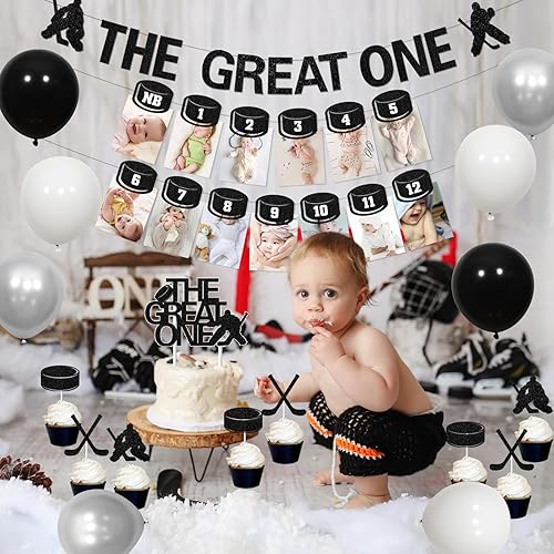Miniatura 2 de Decoraciones de hockey para el primer cumpleaños para niños, cartel de fotos de bebé de primer cumpleaños para recién nacidos a 12 meses, decoración