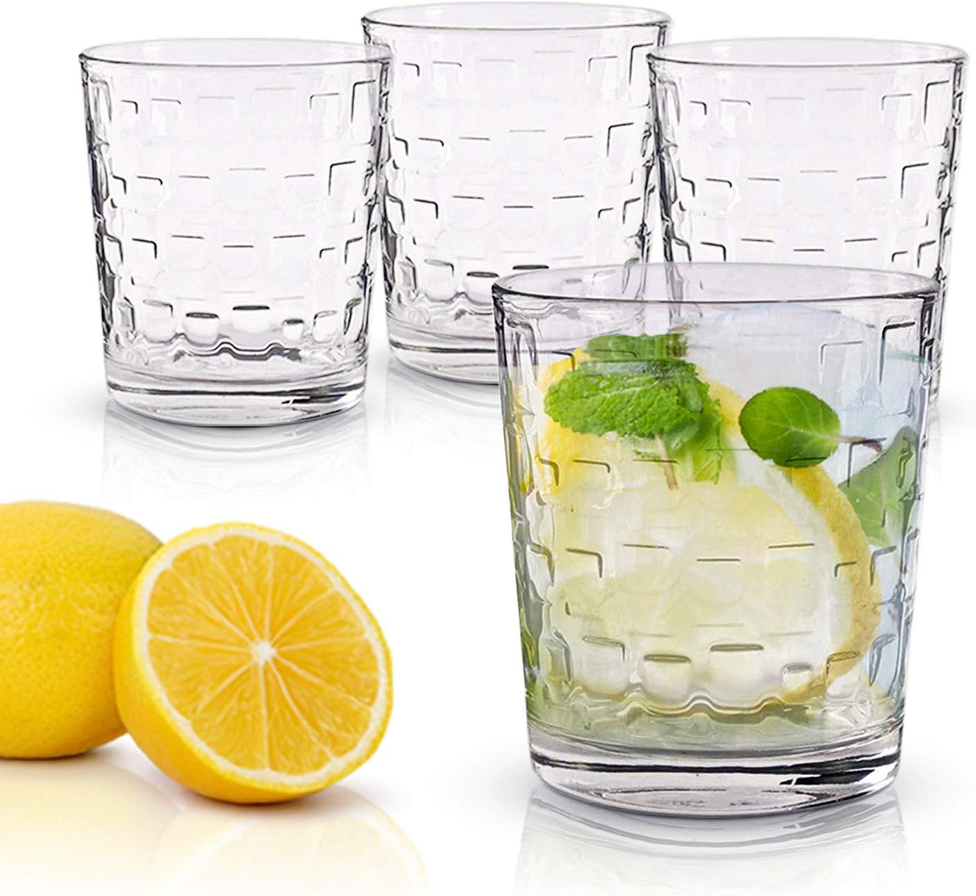 Emenest Clear Drinking Glasses (Set of 4 12.5oz) | Real Glassware with Heavy Base | 4 Double Old Fashioned Drinkware Tumbler Set For Water, Whiskey, Cocktails | Best Kitchen Gift