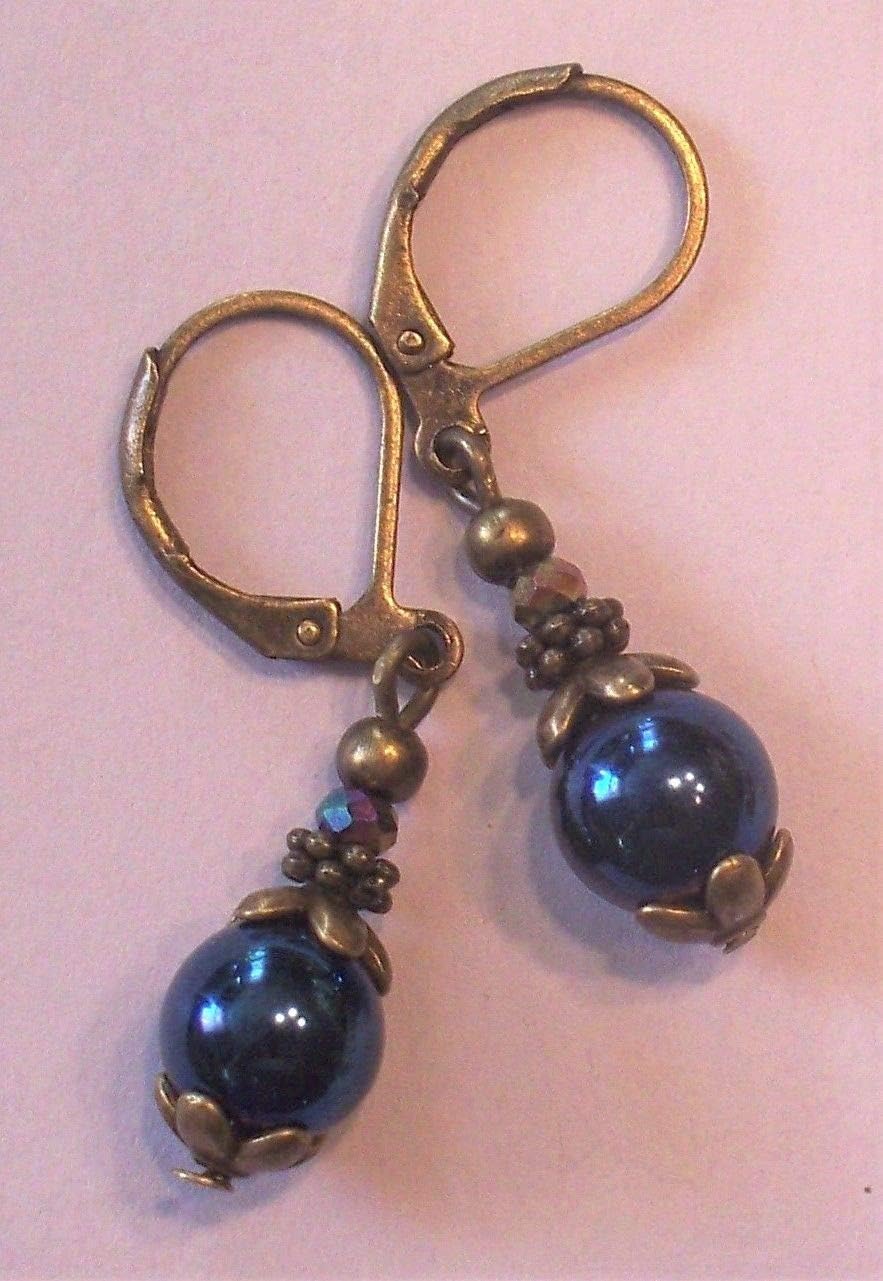Navy Hematite Rainbow Crystal Earring Bronze Leverback Artisan Earrings For Women Set + Gift Box For Free