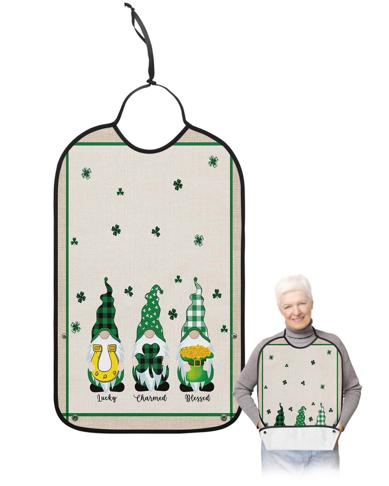 St. Patrick's Day Adult Bibs for Eating, Waterproof Bibs with Food Catcher & Adjustable Snap Closure, Green Striped Board Gnomes Clover Washable Clothing Protectors Adult Bibs for Elderly Women/Men