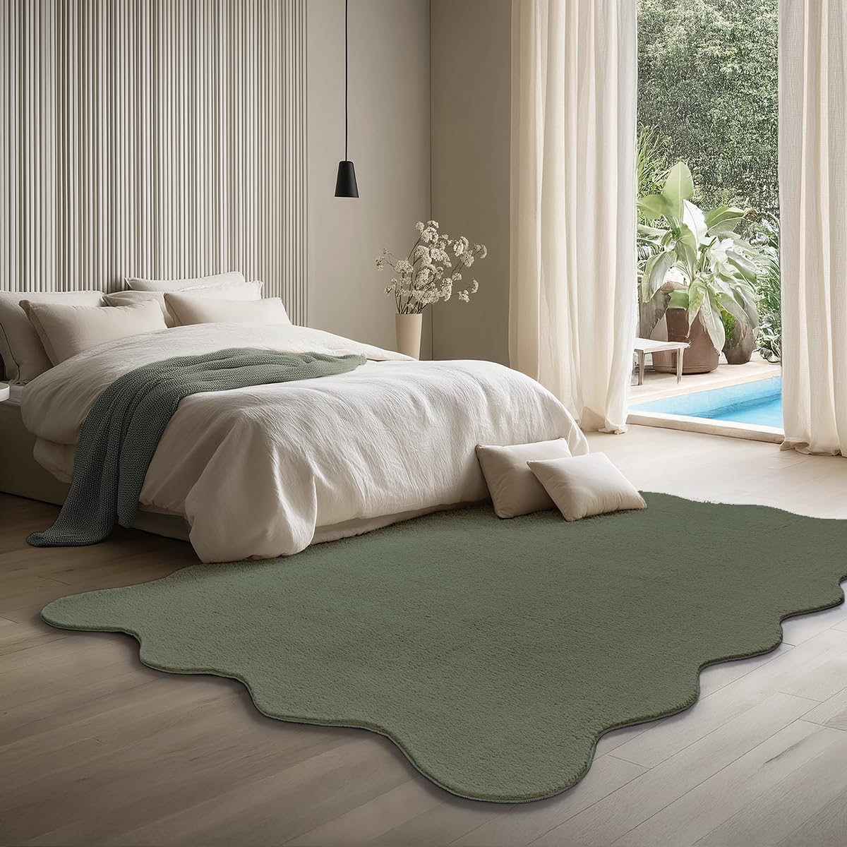 the carpet Lina Shape Scallop Rug, Faux Fur, Fluffy Rug, Non-Slip Backing, Washable, Super Soft, Green, 160 x 220 cm