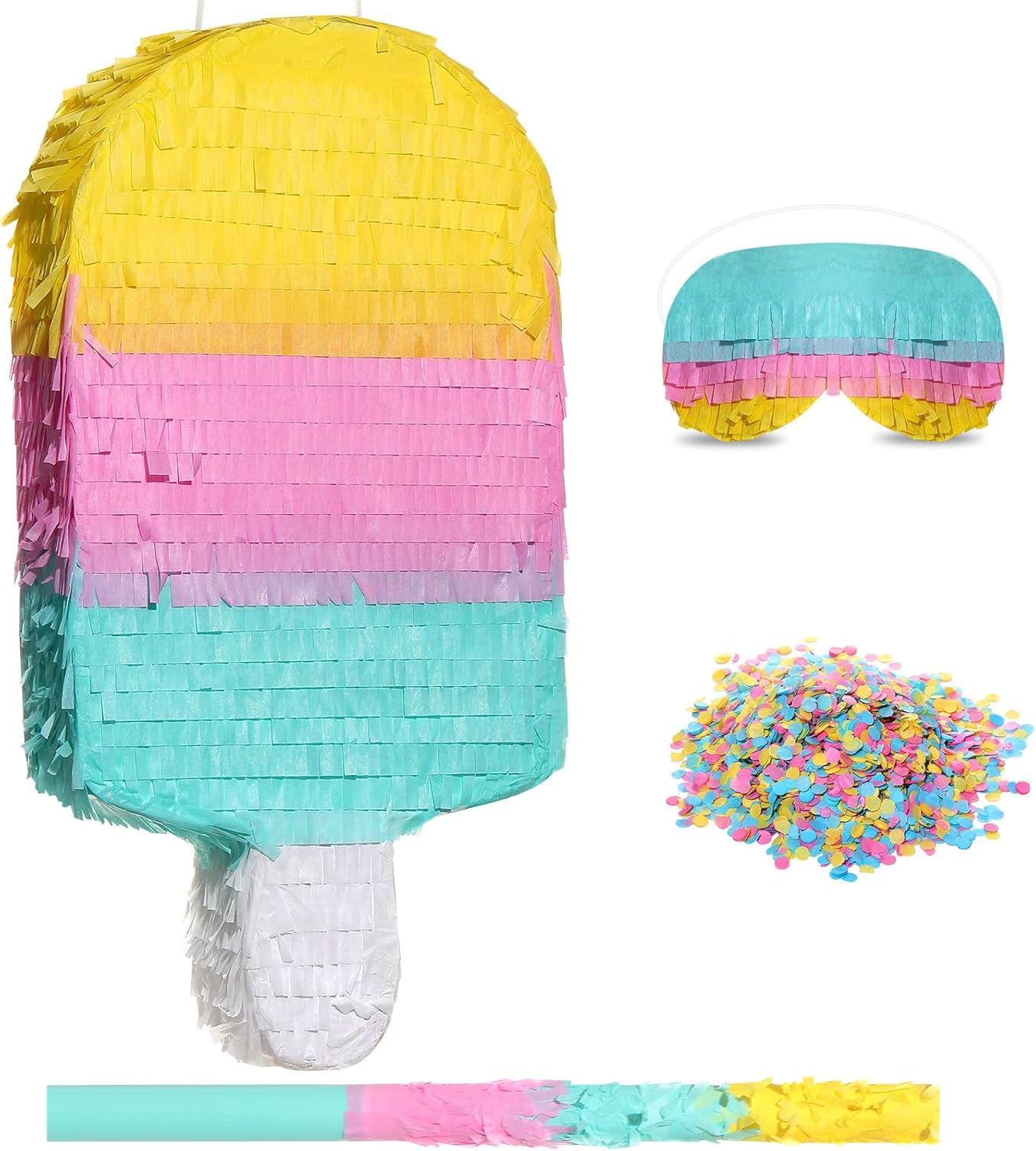Ice Cream Piñata Includes Stick Blindfold Confetti Summer Piñata Ice Cream Sweet Party Supplies for Kids Birthday Party Decor, 16.1 x 7.9 x 3.2 Inches