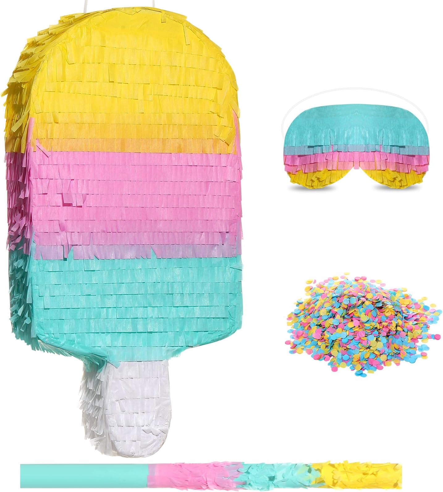 Ice Cream Piñata Includes Stick Blindfold Confetti Summer Piñata Ice Cream Sweet Party Supplies for Kids Birthday Party Decor, 16.1 x 7.9 x 3.2 Inches