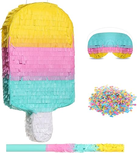 Piñata de helado incluye barra de confeti para los ojos vendados, piñata de verano, suministros para fiesta de cumpleaños de niños, 16.1 x 7.9 x 3.2